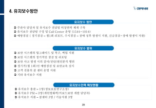 28
유지보수 방안
 주관사 담당자 및 유지보수 전담팀 비상연락 체계 구축
 유지보수 전담팀 구성 및 Call Center 운영 (1544-1014)
 예방점검 ( 정기점검 – 월1회 리포트, 수시점검 – 장애 징후 발생시 지원, 긴급점검-장애 발생시 지원)
유지보수 범위
 보안 시스템의 업그레이드 및 복구, 백업 지원
 보안 시스템의 정기적인 점검 및 리포팅
 보안 사고 발생 시의 감사/진단/원인분석 행위
 정기적(월 1회)인 예방점검 및 보안교육 실시
 고객 전용의 콜 센터 운영 지원
 기타 유지보수 지원
유지보수인력 확보현황
 유지보수 총괄 – 1명(정보보호연구소장)
 유지보수 PM – 3명(개인방화벽/키보드보안 개발 담당자)
 유지보수 지원 – 콜센터 3명 / 기술지원 3명
4. 유지보수방안
 