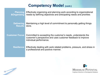 10
Competency Model (cont.)
Planning
&Organizing
Effectively organizing and planning work according to organizational
needs by defining objectives and anticipating needs and priorities
Delivering
Results
Maintaining a high level of commitment to personally getting things
done.
Customer Focus Committed to exceeding the customer’s needs, understands the
customer’s perspective and uses customer feedback to improve
individual performance.
Resilience Effectively dealing with work related problems, pressure, and stress in
a professional and positive manner.
 