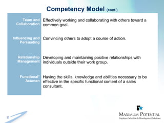 11
Competency Model (cont.)
Team and
Collaboration
Effectively working and collaborating with others toward a
common goal.
Influencing and
Persuading
Convincing others to adopt a course of action.
Relationship
Management
Developing and maintaining positive relationships with
individuals outside their work group.
Functional*
Acumen
Having the skills, knowledge and abilities necessary to be
effective in the specific functional content of a sales
consultant.
 