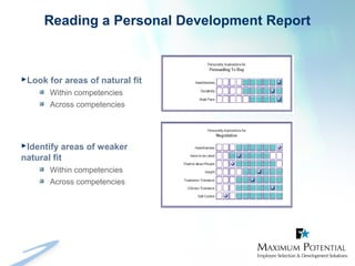 Reading a Personal Development Report
Look for areas of natural fit
Within competencies
Across competencies
Identify areas of weaker
natural fit
Within competencies
Across competencies
 