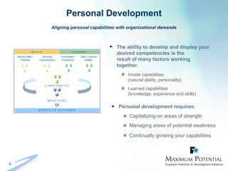 6
Personal Development
 The ability to develop and display your
desired competencies is the
result of many factors working
together.
Innate capabilities
(natural ability, personality)
Learned capabilities
(knowledge, experience and skills)
Aligning personal capabilities with organizational demands
 Personal development requires:
Capitalizing on areas of strength
Managing areas of potential weakness
Continually growing your capabilities
 