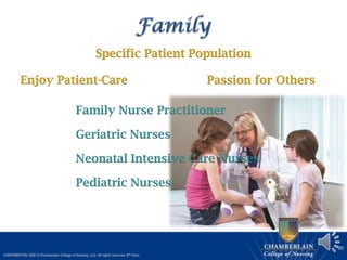 20
Specific Patient Population
Passion for OthersEnjoy Patient-Care
Neonatal Intensive Care Nurses
Pediatric Nurses
Geriatric Nurses
Family Nurse Practitioner
 