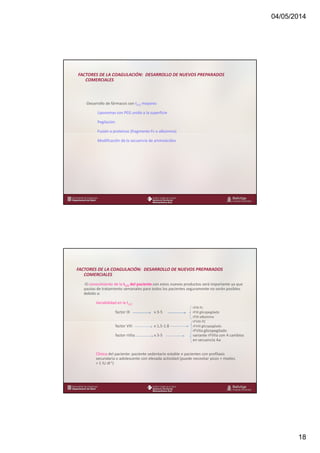 04/05/2014
18
www.bellvitgehospital.cat
FACTORES DE LA COAGULACIÓN: DESARROLLO DE NUEVOS PREPARADOS
COMERCIALES
-Desarrollo de fármacos con t1/2 mayores
Liposomas con PEG unido a la superficie
Pegilación
Fusión a proteínas (fragmento Fc o albúmina)
Modificación de la secuencia de aminoácidos
www.bellvitgehospital.cat
FACTORES DE LA COAGULACIÓN: DESARROLLO DE NUEVOS PREPARADOS
COMERCIALES
-El conocimiento de la t1/2 del paciente con estos nuevos productos será importante ya que
pautas de tratamiento semanales para todos los pacientes seguramente no serán posibles
debido a:
Variabilidad en la t1/2
rFIX-Fc
factor IX x 3-5 rFIX glicopegilado
rFIX-albúmina
rFVIII-FC
factor VIII x 1,5-1.8 rFVIII glicopegilado
rFVIIa glicopegilado
factor rVIIa x 3-5 variante rFVIIa con 4 cambios
en secuencia Aa
Clínica del paciente: paciente sedentario estable ≠ pacientes con profilaxis
secundaria o adolescente con elevada actividad (puede necesitar picos + niveles
> 1 IU dl-1)
 