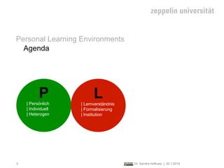 Personal Learning Environments
Agenda

P
| Persönlich
| Individuell
| Heterogen

3

L
| Lernverständnis
| Formalisierung
|...