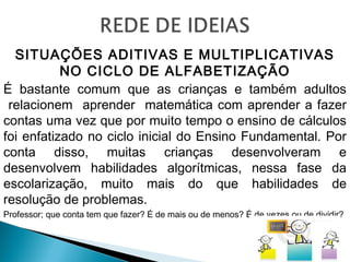 SITUAÇÕES ADITIVAS E MULTIPLICATIVAS 
NO CICLO DE ALFABETIZAÇÃO 
É bastante comum que as crianças e também adultos 
relacionem aprender matemática com aprender a fazer 
contas uma vez que por muito tempo o ensino de cálculos 
foi enfatizado no ciclo inicial do Ensino Fundamental. Por 
conta disso, muitas crianças desenvolveram e 
desenvolvem habilidades algorítmicas, nessa fase da 
escolarização, muito mais do que habilidades de 
resolução de problemas. 
Professor; que conta tem que fazer? É de mais ou de menos? É de vezes ou de dividir? 
 