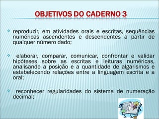  reproduzir, em atividades orais e escritas, sequências 
numéricas ascendentes e descendentes a partir de 
qualquer número dado; 
 elaborar, comparar, comunicar, confrontar e validar 
hipóteses sobre as escritas e leituras numéricas, 
analisando a posição e a quantidade de algarismos e 
estabelecendo relações entre a linguagem escrita e a 
oral; 
 reconhecer regularidades do sistema de numeração 
decimal; 
 