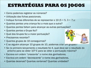 • Como podemos registrar os números? 
• Utilização das fichas posicionais. 
• Indique formas diferentes de se representar o 10 (5 + 5, 3 + 7).z 
• Quantos pontos uma criança fez a mais que a outra? 
• Quantos pontos faltam para alcançar as outras pontuações? 
• Quantos pontos o Grupo fez? 
• Qual dos Grupos fez a maior pontuação? 
• Precisamos recontar? 
• Quantos grupos de 10 conseguimos? 
• E se alguém alcançar 10 grupos de 10, podemos criar um grupão? 
• Se no primeiro lançamento o resultado foi 4, qual deve ser o resultado do 
próximo para se obter 10? E para se obter a pontuação máxima? 
• Escreva em ordem “crescente” o nome dos ganhadores. 
• Escreva em ordem “decrescente” o nome dos ganhadores. 
• Quantas dezenas? Quantas centenas? Quantas unidades? 
 