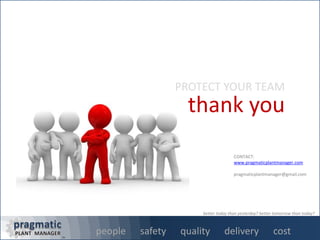 PROTECTTHETEAM
people safety quality delivery cost
better today than yesterday? better tomorrow than today?
people safety quality delivery costpeople safety quality delivery costpeople safety quality delivery cost
better today than yesterday? better tomorrow than today?
PROTECT YOUR TEAM
thank you
CONTACT:
www.pragmaticplantmanager.com
pragmaticplantmanager@gmail.com
 