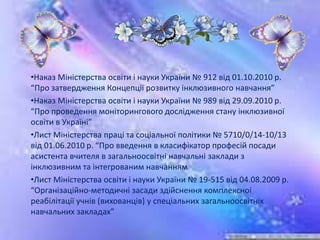•Наказ Міністерства освіти і науки України № 912 від 01.10.2010 р.
“Про затвердження Концепції розвитку інклюзивного навчання”
•Наказ Міністерства освіти і науки України № 989 від 29.09.2010 р.
“Про проведення моніторингового дослідження стану інклюзивної
освіти в Україні”
•Лист Міністерства праці та соціальної політики № 5710/0/14-10/13
від 01.06.2010 р. “Про введення в класифікатор професій посади
асистента вчителя в загальноосвітні навчальні заклади з
інклюзивним та інтегрованим навчанням
•Лист Міністерства освіти і науки України № 19-515 від 04.08.2009 р.
“Організаційно-методичні засади здійснення комплексної
реабілітації учнів (вихованців) у спеціальних загальноосвітніх
навчальних закладах”
 
