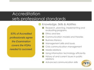 Accreditation
sets professional standards
? Knowledge, Skills & Abilities
? Research, planning, implementing and
evaluating programs

93% of Accredited
professionals agree
the Examination
covers the KSAs
needed to succeed.

? Ethics and law
? Communication models and theories
? Business literacy
? Management skills and issues
? Crisis communication management
? Media relations
? Using information technology efficiently
? History of and current issues in public
relations
? Advanced communication skills

 