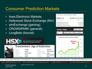 21
Prediction Markets
July 14, 2014
Consumer Prediction Markets
 Iowa Electronic Markets
 Hollywood Stock Exchange (film...