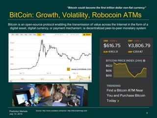 BitCoin: Growth, Volatility, Robocoin ATMs
8
Prediction Markets
July 14, 2014
Source: http://www.coindesk.com/price/, http...