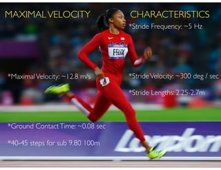 *MaximalVelocity: ~12.8 m/s!
!
!
*Ground ContactTime: ~0.08 sec!
*40-45 steps for sub 9.80 100m
*Stride Frequency: ~5 Hz!
...