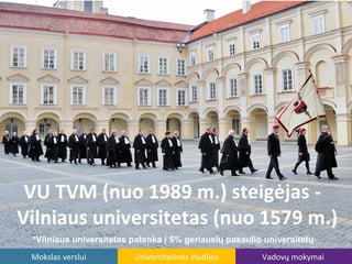 priemimas@tvm.vu.lt

VU TVM (nuo 1989 m.) steigėjas Vilniaus universitetas (nuo 1579 m.)
*Vilniaus universitetas patenka į 5% geriausių pasaulio universitetų
Mokslas verslui

Universitetinės studijos

Vadovų mokymai

 