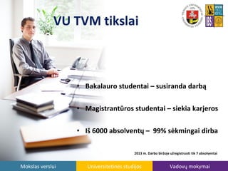 VU TVM tikslai

• Bakalauro studentai – susiranda darbą
• Magistrantūros studentai – siekia karjeros
• Iš 6000 absolventų – 99% sėkmingai dirba
2013 m. Darbo biržoje užregistruoti tik 7 absolventai

Mokslas verslui

Universitetinės studijos

Vadovų mokymai

 