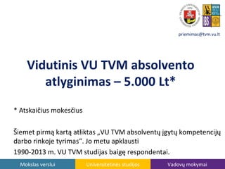 priemimas@tvm.vu.lt

Vidutinis VU TVM absolvento
atlyginimas – 5.000 Lt*
* Atskaičius mokesčius
Šiemet pirmą kartą atliktas „VU TVM absolventų įgytų kompetencijų
darbo rinkoje tyrimas“. Jo metu apklausti
1990-2013 m. VU TVM studijas baigę respondentai.
Mokslas verslui

Universitetinės studijos

Vadovų mokymai

 