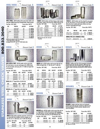 80SSB-body is all 303 stainless steel one piece body with two
drilled and tapped holes; 1/8" inlet side and 1/4" outlet side.
80SSA Discount Code A
100MSS- All 303 stainless steel body. Features a high strength
acetal poppet, stainless steel spring with a NITRILE (Buna-N) seal.
Temp Max: 180°F (80C) Pressure Max: 400 PSI
SIZE PART NO. CASE QTY. LIST PRICE
1/2"M x 1/2"F* 4219SS* 100 $ 83.57
3/4"M x 3/4"F* 4218SS* 100 $ 90.41
1"M x 1"F* 4220SS* 81 $ 103.89
11/4"M x 1"F** 4221LSS2(CAST)** 50 $ 50.98
11/4"M x 11/4"F 4242SS2 (CAST) 50 $ 63.43
11/4"M x 11/4"F**4242LSS2(CAST)** 50 $ 65.31
80SS/100SS - All 303 stainless steel one piece body. Stainless steel
spring with a NITRILE (Buna-N) seal. Threaded female x female connection.
Temp Max: 180°F (80C) Pressure Max: 400 PSI
SIZE PART NO. CASE QTY. LIST PRICE
1"* 4201SS2* 50 $ 47.62
1" 4031SS2 50 $ 49.49
1"* long 4201LSS2* 50 $ 56.08
11/4"* 4202SS2* 36 $ 67.09
11/4" 4032SS2 36 $ 69.16
11/2" 4033SS2 25 $ 96.94
2" 4034SS2 16 $ 156.31
100XLSS Discount Code A
80SSC Discount Code A
100MSS Discount Code A
100XLSS - All 303 stainless steel. Hex shaped for easy wrench-
ing, this valve features a non-spin acetal poppet, with a NITRILE
(Buna-N) seal and stainless steel spring. Features extra long
threads for special bell end PVC pipe.
Temp Max: 180°F (80C) Pressure Max: 400 PSI
SIZE PART NO. WGT. CASE QTY. LIST PRICE
1"M x 1"F 4201XLSS2 1 36 $ 60.71
11/4"Mx11/4"F 4242XLSS2 1.5 36 $ 78.17
80MS6-VFD (316 STAINLESS STEEL)
2"Mx2"F* 4084S6VFD 4 36 $380.07
80SS WITH A TAPS - All 303 stainless steel one piece body.
This valve features a non-spin acetal poppet with a NITRILE (Buna-
N) seal and stainless steel spring with a 1/8" drilled and tapped hole
on the inlet side.
Temp Max: 180°F (80C) Pressure Max: 400 PSI
SIZE PART NO. WGT. CASE QTY. LIST PRICE
1" 4041SS2 1.2 50 $ 70.72
11/4" 4042SS2 1.5 36 $ 98.03
11/2" 4043SS2 2.4 25 $ 120.81
2" 4044SS2 3 16 $ 191.28
80SSA with a 1/4" Tapped Hole on the Inlet Side
SIZE PART NO. WGT. CASE QTY. LIST PRICE
1" 7981SS2 1.2 50 $ 70.72
11/4” 7983SS2 1.5 36 $ 98.03
80SSXA with a 1/4" Tapped Hole on the Outlet Side
SIZE PART NO. WGT. CASE QTY. LIST PRICE
1" 7982SS2 1.2 50 $ 70.72
11/4” 7984SS2 1.6 36 $ 98.03
80SSXB Discount Code A
80SSXB body is alll 303 stainless steel one piece body with two
1/4" tapped holes on outlet side for pressure switch and gauge.
This valve features a non-spin acetal poppet with a NITRILE (Buna-
N) seal and stainless steel spring. Use with diaphragm tanks.
Temp Max: 180°F (80C) Pressure Max: 400 PSI
SIZE PART NO. WGT. CASE QTY. LIST PRICE
1" 7961SS2 1.2 50 $ 83.85
11/4" 7963SS2 1.6 36 $ 104.60
80SSC-All 303 stainless steel body construction. Control Center
for Submersible Pump installations with four tappings; one 1/8"
inlet side, two 1/4" outlet sides, one 1/8" outlet side with plug.
Temp Max: 180°F (80C) Pressure Max: 400 PSI
SIZE PART NO. WGT. CASE QTY. LIST PRICE
1" 4061SS2 1.2 50 $ 83.85
11/4" 4062SS2 1.8 36 $ 104.60
80SSB Discount Code A
SIZE PART NO. WGT. CASE QTY. LIST PRICE
1" 4051SS2 1 50 $ 78.61
11/4" 4052SS2 1.5 36 $ 96.72
11/2" 4053SS2 2.3 25 $ 126.37
2" 4054SS2 2.9 16 $194.18
80SSB with 1/4" Tapped Holes on Both Ends
SIZE PART NO. WGT. CASE QTY. LIST PRICE
1" 7971SS2 1 50 $ 78.61
11/4" 7972SS2 1.5 36 $ 96.72
11/2" 7973SS2 2.3 25 $ 126.37
2" 7974SS2 2.9 16 $194.18
Temp Max: 180°F (80C) Pressure Max: 400 PSI
* Made from bar stock, with a viton seal
** Long Body
VITON seats optional, add 10% to list price.
* Same body style as 100 series.
See page 26 for 3/8” and 1/2” 316SS check valve
STAINLESSSTEELCHECKVALVES800.833.2040
80SS/100SS Discount Code A
8
80S6CL- Stainless steel check valve incorporates Certainteed’s
patented groove lock type pipe connections called Certa-Lok™.
Stainless steel inside and out including poppet assembly. High
strength stainless steel body and spring with a NITRILE (Buna-N)
seal.
Temp Max: 180°F (80C) Pressure Max: 400 PSI
SIZE PART NO. WGT. LIST PRICE
2" 7937S6CL 4 $ 662.37
3" 7938S6CL 5 $ 835.04
4" 7939S6CL 8 $ 916.33
5" 4088S6CL 25 $ 1,798.38
6" 4089S6CL 35 $ 3,500.97
80S6MCL- Stainless steel check valve uses Certainteed’s
patented groove lock type pipe connection on outlet end, and
male pipe thread for the inlet connection. Materials are the
same as the 80S6CL.
Temp Max: 180°F (80C) Pressure Max: 400 PSI
SIZE PART NO. WGT. LIST PRICE
2" 7937S6MCL 4 $ 689.59
3" 7938S6MCL 5 $ 842.35
4" 7939S6MCL 8 $ 925.10
5" 4088S6MCL 25 $ 1,854.00
6" 4089S6MCL 35 $ 3,560.38
Certa-Lok™ is a registered trademark with Certainteed Corporation.
Note: Poppet one size smaller.
80S6CL Discount Code A
80S6MCL Discount Code A
 