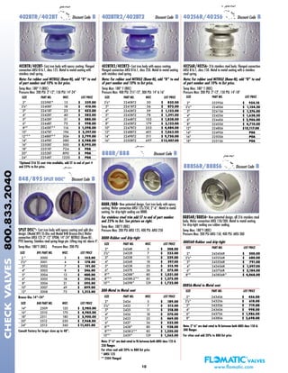 888R/888- New patented design. Cast iron body with epoxy
coating. Wafer connection ANSI 125/250, 2”-6”. Metal to metal
seating, for drip-tight sealing use 888R.
For stainless steel trim add ST to end of part number
and 25% to list. See picture on right.
Temp Max: 180°F (80C)
Pressure Max: 200 PSI ANSI 125, 400 PSI: ANSI 250
888R-Rubber seal drip-tight
SIZE PART NO. WGT. LIST PRICE
2" 2434R 5 $ 208.00
21/2" 2432R 7 $ 233.00
3" 2435R 11 $ 239.00
4" 2436R 18 $ 297.00
5" 2433R 25 $ 515.90
6" 2437R 36 $ 575.00
8"* 2438R* 80 $ 1,031.00
8"** 2438R-2** 85 $ 1,375.00
10"* 2439R* 129 $ 1,722.00
888-Metal to Metal seat
SIZE PART NO. WGT. LIST PRICE
2" 2434 5 $ 189.00
21/2" 2432 7 $ 212.00
3" 2435 11 $ 218.00
4" 2436 18 $ 270.00
5" 2433 25 $ 469.00
6" 2437 36 $ 523.00
8"* 2438* 80 $ 938.00
8"** 2438-2** 85 $ 1,250.00
10"* 2439* 129 $ 1,565.00
Note: 2''-6'' are dual rated to fit between both ANSI class 125 &
250 flanges
For viton seal add 20% to 888 list price
* ANSI 125
** 250# Flanged
SPLIT DISC®
- Cast iron body with epoxy coating and split disc
design. (Model 895 SS-Disc and Model 848 Bronze-Disc) Wafer
connection ANSI 125 2”-12” EPDM, 14”-24” NITRILE (Buna-N) ,
PTFE bearing. Stainless steel spring hinge pin. Lifting ring std. above 4".
Temp Max: 180°F (80C) Pressure Max: 200 PSI
SIZE 895 PART NO. WGT. LIST PRICE
2 " 3000 3 $ 152.00
21/2" 3001 4 $ 178.00
3" 3002 7 $ 191.00
4" 3003 8 $ 246.00
5" 3004 13 $ 400.00
6" 3005 18 $ 396.00
8" 3006 21 $ 595.00
10" 3007 49 $ 899.00
12" 3008 75 $ 1,213.00
Bronze Disc 14”–24”
SIZE 848 PART NO. WGT. LIST PRICE
14" 2509 120 $ 2,985.00
16" 2510 170 $ 4,985.00
18" 2511 180 $ 5,900.00
20" 2512 250 $ 7,968.00
24" 2513 360 $11,451.00
Consult Factory for larger sizes up to 48”.
10
402BTR/402BT- Cast iron body with epoxy coating. Flanged
connection ANSI B16.1, class 125. Metal to metal seating with
stainless steel spring.
Note: For rubber seal NITRILE (Buna-N), add “R” to end
of part number and 10% to list price.
Temp Max: 180° F (80C)
Pressure Max: 200 PSI: 2"-12", 150 PSI: 14"-24"
SIZE PART NO. WGT. LIST PRICE
2" 2239BT* 13 $ 339.00
21/2" 2240BT 18 $ 410.00
3" 2241BT 23 $ 453.00
4" 2242BT 40 $ 582.00
5" 2243BT 51 $ 880.00
6" 2244BT 75 $ 998.00
8"* 2245BT** 116 $ 1,598.00
10" 2247BT 194 $ 2,297.00
12"** 2248BT** 306 $ 3,799.00
14" 2249BT 380 $ 5,988.00
16" 2250BT 500 $ 8,995.00
18" 2251BT 724 $ POA
20" 2252BT 890 $ POA
24" 2254BT 1220 $ POA
*Optional 316 SS seat trim available, add ST to end of part #
and 25% to list price.
402BTR/402BT Discount Code B
848/895 SPLIT DISC®
Discount Code B
www.flomatic.com
CHECKVALVES800.833.2040
402BTR2/402BT2- Cast iron body with epoxy coating.
Flanged connection ANSI B16.1, class 250. Metal to metal seating
with stainless steel spring.
Note: For rubber seal NITRILE (Buna-N), add “R” to end
of part number and 10% to list price.
Temp Max: 180° F (80C)
Pressure Max: 400 PSI: 21/2"-12", 300 PSI: 14" & 16"
SIZE PART NO. WGT. LIST PRICE
21/2" 2240BT2 30 $ 825.00
3" 2241BT2 36 $ 875.00
4" 2242BT2 59 $ 1,122.00
5" 2243BT2 78 $ 1,391.00
6" 2244BT2 103 $ 1,838.00
8" 2245BT2 179 $ 3,123.00
10" 2247BT2 253 $ 4,484.00
12" 2248BT2 401 $ 7,063.00
14" 2249BT2 511 $ 9,750.00
16" 2250BT2 697 $13,407.00
402BTR2/402BT2 Discount Code B
888S6R/888S6 Discount Code B
402S6R/402S6 Discount Code B
888R/888 Discount Code B
*
402S6R/402S6- 316 stainless steel body. Flanged connection
ANSI B16.1, class 150. Metal to metal seating with a stainless
steel spring.
Note: For rubber seal NITRILE (Buna-N), add “R” to end
of part number and 10% to list price.
Temp Max: 180° F (80C)
Pressure Max: 200 PSI: 2"-12", 150 PSI: 14"-18"
SIZE PART NO. LIST PRICE
2" 2239S6 $ 954.10
21/2" 2240S6 $ 1,154.20
3" 2241S6 $ 1,276.00
4" 2242S6 $ 1,638.50
6" 2244S6 $ 2,906.00
8" 2245S6 $ 4,710.00
12" 2248S6 $15,117.00
14" 2249S6 POA
16" 2250S6 POA
18" 2251S6 POA
888S6R/888S6- New patented design, all 316 stainless steel
body. Wafer connection ANSI 150/300. Metal to metal seating.
For drip-tight sealing use rubber sealing.
Temp Max: 180°F (80C)
Pressure Max: 200 PSI ANSI 150, 400 PSI: ANSI 300
888S6-Metal to Metal seat
SIZE PART NO. LIST PRICE
2" 2434S6 $ 456.00
21/2" 2432S6 $ 618.00
3" 2435S6 $ 719.00
4" 2436S6 $ 998.00
6" 2437S6 $ 1,986.00
8" 2438S6 $ 3,698.00
888S6R-Rubber seal drip-tight
SIZE PART NO. LIST PRICE
2" 2434S6R $ 500.00
21/2" 2432S6R $ 680.00
3" 2435S6R $ 791.00
4" 2436S6R $ 1,097.00
6" 2437S6R $ 2,184.00
8"* 2438S6R* $ 4,068.00
Note: 2''-6'' are dual rated to fit between both ANSI class 150 &
300 flanges
For viton seal add 20% to 888 list price
 