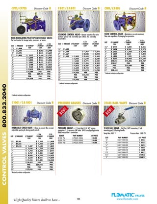 24 www.flomatic.com
CONTROLVALVES800.833.2040
C1001/CA1001 Discount Code B
HYDRAULIC CHECK VALVE - Closes to prevent flow revesal.
Adjustable opening & closing speed controls.
SIZE C THREADED CF FLANGED* C FLANGED C FLANGED
150# 150# 300#
11/2" $1,185 $ 1,252 $ 1,458
2" $1,256 $ 1,505 $ 1,579
21/2" $1,523 $ 1,487 $ 1,628 $ 1,849
3" $ 1,626 $ 1,715 $ 1,935
4" $ 1,742 $ 2,235 $ 2,411
6" $ 2,707 $ 3,401 $ 3,687
8" $ 4,449 $ 6,103 $ 6,633
10" $ 6,658 $ 8,268 $ 9,039
12" $ 11,324 $ 13,821 $14,402
14" $ 14,453 POA POA
16" POA $23,022 POA
18" POA POA POA
20" $ 27,825 POA POA
C/CA C/CA
FLOW CONTROL VALVE - Maintains a pre-set maximum
flow rate regardless of changing line pressures.
.
SIZE CF FLANGED* C FLANGED C FLANGED
150# 150# 300#
C901/CA901 Discount Code B
21/2" $ 2,441 $ 3,051 $ 3,256
3" $ 2,478 $ 3,153 $ 3,272
4" $ 2,732 $ 3,765 $ 3,942
6" $ 4,029 $ 5,031 $ 5,318
8" $ 5,805 $ 7,591 $ 8,121
10" $ 7,561 $10,465 $ 11,239
12" $12,013 $15,386 $ 15,967
14" $15,071 POA POA
16" POA $23,640 POA
18" POA POA POA
20" $28,443 POA POA
316SS BALL VALVE Discount Code B
316SS BALL VALVE - Full Port, FNPT connection, 2 bolt
mounting pad, SS locking handle.
Temp Max: 400° F Pressure Max: 1000 PSI
SIZE PART NUMBER LIST PRICE
1/4" SSBV1000-02 $ 21.53
3/8" SSBV1000-03 $ 21.53
1/2" SSBV1000-05 $ 26.92
3/4" SSBV1000-07 $ 36.67
1" SSBV1000-10 $ 54.14
11/4" SSBV1000-12 $ 83.72
11/2" SSBV1000-15 $ 117.47
2" SSBV1000-20 $168.29
PRESSURE GAUGES - 2.5 inch dial, 1/4" MPT bottom
connection. 1.5% accuracy Full Scale. 304SS case liquid glycerine
filled bronze tube & connection.
RANGE PART NUMBER LIST PRICE
0-100 PSI 2-PG25-100G $20.00
0-200 PSI 2-PG25-200G $20.00
0-300 PSI 2-PG25-300G $20.00
PRESSURE GAUGES Discount Code B
C/CA C/CA
SOLENOID CONTROL VALVE - Remote actuation for valve
position. Specify N.O. (normally open C802); N.C. (normally
closed C801).
SIZE C THREADED CF FLANGED* C FLANGED C FLANGED
150# 150# 300#
11/4" $1,638
11/2" $1,638 $ 1,767 $ 1,973
2" $1,667 $ 2,020 $ 2,094
21/2" $1,990 $ 2,002 $ 2,099 $ 2,242
3" $ 2,035 $ 2,138 $ 2,320
4" $ 2,144 $ 2,771 $ 2,949
6" $ 3,046 $ 3,916 $ 4,202
8" $ 4,673 $ 6,287 $ 6,817
10" $ 6,654 $ 8,783 $ 9,554
12" $11,098 $14,178 $ 14,758
14" $14,556 POA POA
16" POA $23,125 POA
18" POA POA POA
20" $27,928 POA POA
C801/CA801 Discount Code B
C/CA C/CA
* Reduced cavitation configuration.
$2,068
$2,158 $ 2,282 $ 2,488
$2,178 $ 2,535 $ 2,609
$2,405 $ 2,517 $ 2,614 $ 2,757
$ 2,550 $ 2,653 $ 2,835
$ 2,844 $ 3,265 $ 3,456
$ 3,561 $ 4,431 $ 4,717
$ 5,188 $ 6,802 $ 7,332
$ 7,169 $ 9,298 $10,069
$ 11,613 $14,693 $15,273
$15,284 POA POA
POA $24,281 POA
POA POA POA
$29,324 POA POA
6
NON-MODULATING PILOT OPERATED FLOAT VALVE -
For level control of storage tanks, reservoirs, or basins.
SIZE C THREADED CF FLANGED* C FLANGED C FLANGED
150# 150# 300#
C705/CF705 Discount Code B
11/4"
11/2"
2"
21/2"
3"
4"
6"
8"
10"
12"
14"
16"
18"
20"
C/CA C/CA
* Reduced cavitation configuration.
* Reduced cavitation configuration.
* Reduced cavitation configuration.
High Quality Valves Built to Last...
NEW!
NEW!
 
