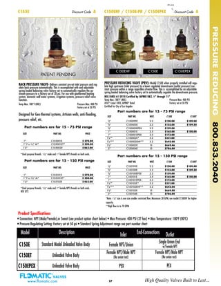 BACK PRESSURE VALVE- Delivers constant pre-set inlet pressure and reg-
ulate back-pressure automatically. This is accomplished with and adjustable
spring loaded balancing valve factory set to automatically regulate the up-
stream pressure to a factory set of 30 psi. For use with geothermal heating
system, domestic well water systems, irrigation systems, pressure relief valve
function.
Temp Max: 180°F (80C) Pressure Max: 400 PSI
Factory set at 30 PSI
Designed for Geo-thermal systems, Artisian wells, anti-flooding,
pressure relief, etc.
27
C150EHF / C150E-PR / C150EPEX Discount Code A
SIZE PART NO. WGT. C150E C150ET
1/2" C150099E 2.2 $120.00 $109.00
3/4" C150000E 2.2 $123.00 $109.50
3/4" C150000EPEX 2.2 $129.00
1" C150001E 3.5 $165.00 $150.00
1" C150001EPEX 3.5 $173.00
11/4"* C150002E* 5.2 $331.00 $316.73
11/4"** C150002EHF** 5.2 $645.00
11/2" C150003E 15 $669.46
2" C150004E 15 $786.00 $613.07
End-ConnectionsModel
C150E Standard Model Unleaded Valve Body Female NPT/Union
Female NPT/Male NPT
(No union nut)
Female NPT/Male NPT
(No union nut)
Single Union End
w/Female NPT
Unleaded Valve BodyC150ET
PEX PEXUnleaded Valve BodyC150EPEX
Description Inlet Outlet
C155E Discount Code A
Product Specifications
• Connection: NPT (Male/Female),or Sweat (see product option chart below) • Max Pressure: 400 PSI (27 bar) • Max Temperature: 1800
F (800
C)
• Pressure Regulating Setting: Factory set at 50 psi • Standard Spring Adjustment range see part number chart
PRESSURE REDUCING VALVE (PRV)- Model C150E when properly installed will regu-
late high upstream (inlet pressure) to a lower regulated downstream (outlet pressure) con-
stant pressure within a range regardlessofwaterflow. This is accomplished by an adjustable
spring loaded balancing valve factory set to automatically regulate the downstream pressure.
NSF/ANSI 61-2010 Certified by IAPMO R&T, 1
⁄2” through 11
⁄4”
Temp Max: 180°F (80C) Pressure Max: 400 PSI
ASSE®
Listed 1003, IAPMO®
listed Factory set at 50 PSI
Certified for City of Los Angeles
Part numbers are for 15 - 75 PSI range
Part numbers are for 15 - 150 PSI range
SIZE PART NO. PRICE
1" C155001E $ 270.00
1" F x 11/4" M* C155001ET* $ 250.00
11/4" C155002E $ 462.00
*Dual purpose threads. 11/4" male and 1" female NPT threads on both ends.
Part numbers are for 15 - 75 PSI range
Part numbers are for 15 - 150 PSI range
PRESSUREREDUCING800.833.2040
www.flomatic.com High Quality Valves Built to Last...
*Note: 11/4" size is one size smaller restricted flow. Maximum 30 GPM, see model C150EHF for higher
capacity.
**High flow in to 70 GPM
SIZE PART NO. PRICE
1" C155101E $ 270.00
1" F x 11/4" M* C155101ET* $ 250.00
11/4" C155102E $ 462.00
*Dual purpose threads. 11/4" male and 1" female NPT threads on both ends.
NSF 372
C150EHF C150E C150EPEX
PATENT PENDING
SIZE PART NO. WGT. C150E C150ET
1/2" C150199E 2.2 $120.00 $109.00
3/4" C150100E 2.2 $123.00 $109.50
3/4" C150100EPEX 2.2 $129.00
1" C150101E 3.5 $165.00 $150.00
1" C150101EPEX 3.5 $173.00
11/4"* C150102E* 5.2 $331.00 $316.73
11/4"** C150102EHF** 5.2 $645.00
11/2" C150103E 15 $669.00
2" C150104E 15 $786.00 $613.07
 