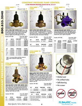 CONSTANT PRESSURE PUMP CONTROL
$177.65
$177.92
$209.63
$389.56
DIRECT ACTING PUMP CONTROL VALVE WITH
TAPPINGS- Reduces rapid pump cycling and maintains a pre-set
operating pressure for wells. Threaded female x female union ends
or female I.D. x male O.D. on inlet and outlet connections. Features
a unleaded alloy body & composite bell housing, Nylon reinforced
Buna-N diaphragm. Supplied with two FNPT tailpiece and union nuts.
With two (2) 1
⁄4” tappings for gage and pressure switch. One (1) 3
⁄4”
tapping for water tank.
Temp Max: 180°F (80C) Pressure Max 400 PSI
Factory set at 50 PSI
1" CB152001E 15-75 PSI $ 280.00
1" CB152101E 15-150 PSI $ 280.00
$209.6
C152003E $389.5$6
$209.6
$389.56
$177.65
$177.92
$209.63
$389.56
C152001ET
C152101ET
28
DIRECT ACTING PUMP CONTROL VALVE- Reduces rapid
pump cycling and maintains a pre-set operating pressure for wells.
Threaded female x female connection. Features a low lead alloy
body & composite bell housing, Nylon reinforced Buna-N
diaphragm. Supplied with two FNPT tailpiece and union nuts.
Temp Max: 180°F (80C) Pressure Max: 400 PSI
Factory set at 50 PSI
CYCLE GARD®
I
C152E Discount Code A
CYCLE GARD®
HY-FLOW
C152EHF Discount Code A
DIRECT ACTING PUMP CONTROL VALVE- Dual purpose
threads, reduces rapid pump cycling and maintains a pre-set operat-
ing pressure for wells. 1" threaded female I.D. x 11/4" male O.D. on
inlet and outlet connections. Features a low lead alloy body & com-
posite bell housing, Nylon reinforced Buna-N diaphragm.
CYCLE GARD®
I
C152ET Discount Code A
CYCLE GARD®
II
CN101 Discount Code A
CONSTANT PRESSURE PUMP CONTROL- Reduces rapid
pump cycle with field adjustable by-pass and maintains a pre-set
operating downstream pressure. Flow 1-5200 GPM depending on
size. For use with domestic water well, municipal water systems,
industrial water system, irrigation and agriculture.
Temp Max: 180°F (80C) Pressure Max: 250 PSI
Factory set at 60 PSI
SIZE PART NO. LIST PRICE PART NO. LIST PRICE
THREADED FLANGED150
CYCLE GARD®
IV
CB152E Discount Code A
HIGH FLOW DIRECT ACTING PUMP CONTROL VALVE-
Model C152EHF reduces rapid pump cycle with field adjustable by-
pass and maintains a pre-set operating downstream pressure for
wells. Threaded female x female NPT connection with hex end OD.
Features a low lead alloy body and cover. Nylon reinforced Buna-N
diaphragm. Ideal for flows up to 70 GPM.
Temp Max: 180°F (80C) Pressure Max: 400 PSI
Factory set at 50 PSI
1” NPT ID x 11/4" NPT OD
11/4" CN1010B $ 1,286
11/2" CN1010C $ 1,286 CN1011C
2" CN1010D $ 1,481 CN1011D
21/2" CN1010E $ 1,672 CN1011E
3" CN1010F $ 2,044 CN1011F
4" CN1011G
6" CN1011J
8" CN1011K
SIZE PART NO. SPRING RANGE
SIZE PART NO. SPRING RANGE
Temp Max: 180°F (80C) Pressure Max: 400 PSI
Factory set at 50 PSI
1 1/4" C152002EHF 15-75 PSI $702.45
1 1/4" C152102EHF 15-150 PSI $702.45
1"F & 11/4" M CB152001ET 15-75 PSI $ 245.00
1"F & 11/4" M CB152101ET 15-150 PSI $ 245.00
15 - 75 PSI
15 - 75 PSI
15 - 75 PSI
15 - 75 PSI
15 - 75 PSI
15 - 75 PSI
15 - 150 PSI
15 - 150 PSI
15 - 150 PSI
15 - 150 PSI
15 - 150 PSI
15 - 150 PSI
*Note: 11
/4” size is one size smaller restricted flow, maximum 30
GPM. See model C152EHF below for higher capacity.
NSF 61
SIZE PART NO. SPRING RANGE LIST PRICE
SIZE PART NO. SPRING RANGE LIST PRICE
SIZE PART NO. SPRING RANGE LIST PRICE
LIST PRICE
LIST PRICE
$208.95
$248.78
$462.32
$761.25
$929.25
LIST PRICE
$236.93
LIST PRICE
$236.93
$208.95
$248.78
$462.32
$761.25
$929.25
1"F & 11/4" M
1"F & 11/4" M
C152000E
C152001E
C152002E
C152003E
C152004E
C152100E
C152101E
C152102E
C152103E
C152104E
SIZE
SIZE
PART NO.
PART NO.
SPRING RANGE
SPRING RANGE
$ 1,454
$ 1,664
$ 1,994
$ 2,101
$ 2,749
$ 4,200
$ 7,282
High Quality Valves Built to Last... www.flomatic.com
CONSTANTPRESSUREPUMPCONTROL800.833.2040
3/4"
1"
1 1/4"*
11/2"
2"
3/4"
1"
1 1/4"*
11/2"
2"
• Slotted seat
• No drilled holes
• Self-cleaning
• No screen
SCREEN DRILLED
HOLE
FOR PRESSURE REDUCING VALVES SEE PG. 22 & 27!
1" NPT ID female threads
11/4" NPT OD male threads
 