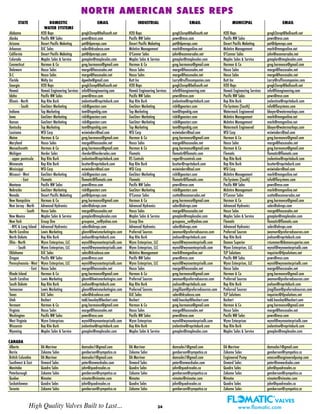 34High Quality Valves Built to Last... www.flomatic.com
NORTH AMERICAN SALES REPSNORTH AMERICAN SALES REPS
STATE DOMESTIC EMAIL INDUSTRIAL EMAIL MUNICIPAL EMAIL
WATER SYSTEMS
Alabama H2O Reps gregh2orep@bellsouth.net H2O Reps gregh2orep@bellsouth.net H2O Reps gregh2orep@bellsouth.net
Alaska Pacific NW Sales pnws@msn.com Pacific NW Sales pnws@msn.com Pacific NW Sales pnws@msn.com
Arizona Desert Pacific Maketing pat@dpmreps.com Desert Pacific Maketing pat@dpmreps.com Desert Pacific Maketing pat@dpmreps.com
Arkansas DJC Sales sales@dcsalesco.com McIntire Management mark@mmgonline.net McIntire Management mark@mmgonline.net
California Desert Pacific Maketing pat@dpmreps.com O'Connor Sales john@oconnorsales.net O'Connor Sales john@oconnorsales.net
Colorado Maples Sales & Service gmaples@maplesales.com Maples Sales & Service gmaples@maplesales.com Maples Sales & Service gmaples@maplesales.com
Connecticut Harmon & Co greg.harmonco@gmail.com Harmon & Co greg.harmonco@gmail.com Harmon & Co greg.harmonco@gmail.com
Delaware Hasco Sales margo@hascosales.net Hasco Sales margo@hascosales.net Hasco Sales margo@hascosales.net
D.C Hasco Sales margo@hascosales.net Hasco Sales margo@hascosales.net Hasco Sales margo@hascosales.net
Florida Welty Inc dgwelte@gmail.com Rutt Inc Larry@ruffincompanies.com Rutt Inc Larry@ruffincompanies.com
Georgia H2O Reps gregh2orep@bellsouth.net H2O Reps gregh2orep@bellsouth.net H2O Reps gregh2orep@bellsouth.net
Hawaii Hawaii Engineering Services info@hiengineering.com Hawaii Engineering Services info@hiengineering.com Hawaii Engineering Services info@hiengineering.com
Idaho Pacific NW Sales pnws@msn.com Pacific NW Sales pnws@msn.com Pacific NW Sales pnws@msn.com
Illinois - North Rep Rite Burk jvalentine@repriteburk.com Rep Rite Burk jvalentine@repriteburk.com Rep Rite Burk jvalentine@repriteburk.com
- South GeoStarr Marketing rick@geostarr.com GeoStarr Marketing rick@geostarr.com Flo-Systems (South) info@flosystems.com
Indiana Top Marketing tom@topmktg.com Top Marketing tom@topmktg.com Watermark Engineered bboyer@watermarkeps.com
Iowa GeoStarr Marketing rick@geostarr.com GeoStarr Marketing rick@geostarr.com McIntire Management mark@mmgonline.net
Kansas GeoStarr Marketing rick@geostarr.com GeoStarr Marketing rick@geostarr.com McIntire Management mark@mmgonline.net
Kentucky Top Marketing tom@topmktg.com Top Marketing tom@topmktg.com Watermark Engineered bboyer@watermarkeps.com
Louisana WSI Corp wsiwinders@aol.com WSI Corp wsiwinders@aol.com WSI Corp wsiwinders@aol.com
Maine Harmon & Co greg.harmonco@gmail.com Harmon & Co greg.harmonco@gmail.com Harmon & Co greg.harmonco@gmail.com
Maryland Hasco Sales margo@hascosales.net Hasco Sales margo@hascosales.net Hasco Sales margo@hascosales.net
Massachusetts Harmon & Co greg.harmonco@gmail.com Harmon & Co greg.harmonco@gmail.com Harmon & Co greg.harmonco@gmail.com
Michigan Herder Sales rherder@herdersales.com Flomatic flomatic@flomatic.com Flomatic flomatic@flomatic.com
- upper peninsula Rep Rite Burk jvalentine@repriteburk.com RS Controls roger@rscontrols.com Rep Rite Burk jvalentine@repriteburk.com
Minnesota Rep Rite Burk bcutter@repriteburk.com Rep Rite Burk bcutter@repriteburk.com Rep Rite Burk bcutter@repriteburk.com
Mississippi WSI Corp wsiwinders@aol.com WSI Corp wsiwinders@aol.com WSI Corp wsiwinders@aol.com
Missouri - West GeoStarr Marketing rick@geostarr.com GeoStarr Marketing rick@geostarr.com McIntire Management mark@mmgonline.net
- East Flomatic flomatic@flomatic.com Flomatic flomatic@flomatic.com Flo-Systems (South) info@flosystems.com
Montana Pacific NW Sales pnws@msn.com Pacific NW Sales pnws@msn.com Pacific NW Sales pnws@msn.com
Nebraska GeoStarr Marketing rick@geostarr.com GeoStarr Marketing rick@geostarr.com McIntire Management mark@mmgonline.net
Nevada Desert Pacific Maketing pat@dpmreps.com O'Connor Sales scotta@oconnorsales.net O'Connor Sales scotta@oconnorsales.net
New Hampshire Harmon & Co greg.harmonco@gmail.com Harmon & Co greg.harmonco@gmail.com Harmon & Co greg.harmonco@gmail.com
New Jersey - North Advanced Hydronics sales@ahreps.com Advanced Hydronics sales@ahreps.com Advanced Hydronics sales@ahreps.com
- South Hasco Sales margo@hascosales.net Hasco Sales margo@hascosales.net Hasco Sales margo@hascosales.net
New Mexico Maples Sales & Service gmaples@maplesales.com Maples Sales & Service gmaples@maplesales.com Maples Sales & Service gmaples@maplesales.com
New York Group One groupone_ne@yahoo.com Group One groupone_ne@yahoo.com Flomatic flomatic@flomatic.com
- NYC & Long Island Advanced Hydronics sales@ahreps.com Advanced Hydronics sales@ahreps.com Advanced Hydronics sales@ahreps.com
North Carolina Lewis Marketing glenn@lewismarketinginc.com Preferred Sources jwamon@preferredsources.com Preferred Sources jwamon@preferredsources.com
North Dakota Rep Rite Burk jnelson@repriteburk.com Rep Rite Burk jnelson@repriteburk.com Rep Rite Burk jnelson@repriteburk.com
Ohio - North Wynn Enterprises, LLC wynnl@wynnenterprisellc.com Wynn Enterprises, LLC wynnl@wynnenterprisellc.com Damon Superior rstummer@damonsuperior.com
- South Wynn Enterprises, LLC wynnl@wynnenterprisellc.com Wynn Enterprises, LLC wynnl@wynnenterprisellc.com Wynn Enterprises, LLC wynnl@wynnenterprisellc.com
Oklahoma DJC Sales sales@dcsalesco.com McIntire Management mark@mmgonline.net TLP Solutions inquiries@tlpsolutions.net
Oregon Pacific NW Sales pnws@msn.com Pacific NW Sales pnws@msn.com Pacific NW Sales pnws@msn.com
Pennsylvannia - West Wynn Enterprises, LLC wynnl@wynnenterprisellc.com Wynn Enterprises, LLC wynnl@wynnenterprisellc.com Wynn Enterprises, LLC wynnl@wynnenterprisellc.com
- East Hasco Sales margo@hascosales.net Hasco Sales margo@hascosales.net Hasco Sales margo@hascosales.net
Rhode Island Harmon & Co greg.harmonco@gmail.com Harmon & Co greg.harmonco@gmail.com Harmon & Co greg.harmonco@gmail.com
South Carolina Lewis Marketing glenn@lewismarketinginc.com Preferred Sources jwamon@preferredsources.com Preferred Sources jwamon@preferredsources.com
South Dakota Rep Rite Burk jnelson@repriteburk.com Rep Rite Burk jnelson@repriteburk.com Rep Rite Burk jnelson@repriteburk.com
Tennessee Lewis Marketing glenn@lewismarketinginc.com Preferred Sources jimgilliam@preferredsources.com Preferred Sources jimgilliam@preferredsources.com
Texas DJC Sales sales@dcsalesco.com DJC Sales sales@dcsalesco.com TLP Solutions inquiries@tlpsolutions.net
Utah Boshart todd.housley@boshart.com Boshart todd.housley@boshart.com Boshart todd.housley@boshart.com
Vermont Harmon & Co greg.harmonco@gmail.com Harmon & Co greg.harmonco@gmail.com Harmon & Co greg.harmonco@gmail.com
Virginia Hasco Sales margo@hascosales.net Hasco Sales margo@hascosales.net Hasco Sales margo@hascosales.net
Washington Pacific NW Sales pnws@msn.com Pacific NW Sales pnws@msn.com Pacific NW Sales pnws@msn.com
West Virginia Wynn Enterprises wynnl@wynnenterprisellc.com Wynn Enterprises wynnl@wynnenterprisellc.com Wynn Enterprises wynnl@wynnenterprisellc.com
Wisconsin Rep Rite Burk jvalentine@repriteburk.com Rep Rite Burk jvalentine@repriteburk.com Rep Rite Burk jvalentine@repriteburk.com
Wyoming Maples Sales & Service gmaples@maplesales.com Maples Sales & Service gmaples@maplesales.com Maples Sales & Service gmaples@maplesales.com
CANADA
Alberta DA Marriner damsales1@gmail.com DA Marriner damsales1@gmail.com DA Marriner damsales1@gmail.com
Barrie Zakame Sales gemberson@sympatico.ca Zakame Sales gemberson@sympatico.ca Zakame Sales gemberson@sympatico.ca
British Columbia DA Marriner damsales1@gmail.com DA Marriner damsales1@gmail.com Engineered Pump emasse@engineeredpump.com
Southwest & East Onward Sales peter@onwardsales.com Onward Sales peter@onwardsales.com Onward Sales peter@onwardsales.com
Manitoba Quadra Sales john@quadrasales.ca Quadra Sales john@quadrasales.ca Quadra Sales john@quadrasales.ca
Peterborough Zakame Sales gemberson@sympatico.ca Zakame Sales gemberson@sympatico.ca Zakame Sales gemberson@sympatico.ca
Quebec Nimatec nimatec@nimatec.com Nimatec nimatec@nimatec.com Nimatec nimatec@nimatec.com
Saskatchewan Quadra Sales john@quadrasales.ca Quadra Sales john@quadrasales.ca Quadra Sales john@quadrasales.ca
Toronto Zakame Sales gemberson@sympatico.ca Zakame Sales gemberson@sympatico.ca Zakame Sales gemberson@sympatico.ca
 
