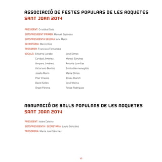 PRESIDENT: Cristóbal Soto
SOTSPRESIDENT PRIMER: Manuel Espinosa
SOTSPRESIDENTA SEGONA: Ana Marín
SECRETÀRIA: Mercè Díez
TRESORER: Francisco Fernández
VOCALS:	Encarna Jurado	 José Olmos
	 Caridad Jiménez	 Manoli Sánchez
	 Amparo Jiménez	 Antonia Jumillas
	 Victoriano Benítez	 Emilia Hermenegildo
	 Josefa Marín	 María Olmos
	 Pilar Chaves	 Eliseu Blanch
	 David Sellés	 José Molina
	 Ángel Perona	 Felipe Rodríguez
PRESIDENT: Isidre Calsina
SOTSPRESIDENTA i SECRETARIA: Laura González
TRESORERA: María José Sánchez
ASSOCIACIÓ DE FESTES POPULARS DE LES ROQUETES
SANT JOAN 2014
AGRUPACIÓ DE BALLS POPULARS DE LES ROQUETES
SANT JOAN 2014
17
 
