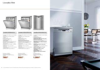 Lavavajillas Miele 
Lavavajillas G 4220 SC ED/Clst Front 
• Lavavajillas de libre instalación en acero inoxidable 
CleanSteel. 
• Tapa en diseño acero inoxidable, laterales 
zincados. 
• Preselección 24 h. 
• Indicación del tiempo restante. 
• 5 programas de lavado. 
• Ahorro de tiempo: función Turbo. 
• Bandeja portacubiertos (la original). 
• Nuevo sistema de cierre de puerta ComfortClose. 
• Capacidad: 14 servicios normalizados. 
• Bajo nivel de ruido, solo 48 dB(A) re1pW (según 
DIN EN 60704-3). 
• Consumo de tan solo 13 l de agua / 1,05 kWh de 
electricidad. 
• Dotación cesto superior y cesto inferior: 
EasyComfort. 
• DetergentAgent = detección automática del tipo de 
detergente utilizado. 
• Clasificación según etiqueta energética: A+ 
Nº de artículo: 21.4220.08 
Nº de artículo: 21.4220.18 
Código EAN: 4002515439234 
Código EAN: 4002515179178 
Precio Referencia (Impuestos y RAEE incl.): 
Precio Referencia (IVA y RAEE incl.): 
1.049,00 € 
1.099,00 € 
799€* 849€* 1.299€* 
Lavavajillas G 6310 SC ED/Clst Front 
• Lavavajillas de libre instalación en acero inoxidable 
CleanSteel. 
• Preselección 24 h. 
• Indicación del tiempo restante. 
• 9 programas de lavado. 
• Opciones Corto, media carga, Ahorro Extra. 
• Bandeja portacubiertos 3D. 
• Nuevo sistema de cierre de puerta ComfortClose. 
• Capacidad: 14 servicios normalizados. 
• Muy silcencioso, solo 44 dB(A) re1pW (según 
DIN EN 60704-3). 
• Consumo de tan solo 9,7 l de agua / 0,84 kWh de 
electricidad. 
• Dotación cesto superior y cesto inferior: 
ExtraComfort. 
• DetergentAgent = detección automática del tipo de 
detergente utilizado. 
• Depósito de sal integrado en la puerta. 
• Display con texto (1 fila). 
• FlexiTimer con EcoStart y función 
EcoFeedback. 
• Sistema Perfect GlassCare. 
• Secado AutoOpen. 
• Clasificación según etiqueta energética: 
A+++. 
Nº de artículo: 21.6310.17 
Código EAN: 4002515334997 
Precio Referencia (IVA y RAEE incl.): 
1.499,00 € 
Lavavajillas G 4220 ED/Clst Front 
• Lavavajillas de libre instalación en acero inoxidable 
CleanSteel. 
• Tapa en diseño acero inoxidable, laterales 
zincados. 
• Preselección 24 h. 
• Indicación del tiempo restante. 
• 5 programas de lavado. 
• Ahorro de tiempo: función Turbo. 
• Cesto cubertero. 
• Nuevo sistema de cierre de puerta ComfortClose. 
• Capacidad: 13 servicios normalizados. 
• Bajo nivel de ruido, solo 48 dB(A) re1pW (según 
DIN EN 60704-3). 
• Consumo de tan solo 13 l de agua / 1,04 kWh de 
electricidad. 
• Dotación cesto superior y cesto inferior: 
EasyComfort. 
• DetergentAgent = detección automática del tipo de 
detergente utilizado. 
• Clasificación según etiqueta energética: A+ 
12 ** Precio recomendado del 01.10.2014 al 31.12.2014 (ambos inclusive). Coste RAEE incluido, impuestos incluidos. Precio no acumulable con otras ofertas y promociones. 
13 
 