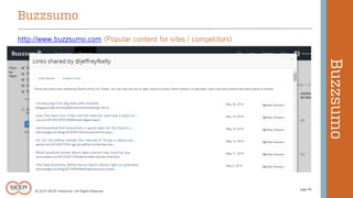 © 2014 SEER Interactive | All Rights Reserved 
page 94 
http://www.buzzsumo.com (Popular content for sites / competitors) 
Buzzsumo 
Buzzsumo 
 