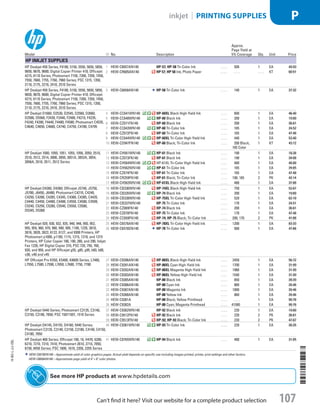 HEW-C6578DN140—Approximate yield of color graphics pages. Actual yield depends on specific use including images printed, printer, print settings and other factors.
HEW-C6658AN140—Approximate page yield of 4 × 6 color photos.
Model ID No. Description
Approx.
Page Yield at
5% Coverage Qty. Unit Price
HP Inkjet Supplies
HP Deskjet 450 Series, F4180, 5150, 5550, 5650, 5850,
9650, 9670, 9680; Digital Copier Printer 410; Officejet
4215, 6110 Series; Photosmart 7150, 7260, 7350, 7450,
7550, 7660, 7755, 7760, 7960 Series; PSC 1315, 1350,
2110, 2175, 2210, 2410, 2510 Series
1  HEW-C6657AN140 HP-57; HP-58 Tri-Color Ink . . . . 500 1 EA 49.93
2  HEW-CR685AN140 HP 57; HP 58 Ink; Photo Paper . . . . . . . . . . . . KT 60.51
HP Deskjet 450 Series, F4180, 5150, 5550, 5650, 5850,
9650, 9670, 9680; Digital Copier Printer 410; Officejet
4215, 6110 Series; Photosmart 7150, 7260, 7350, 7450,
7550, 7660, 7755, 7760, 7960 Series; PSC 1315, 1350,
2110, 2175, 2210, 2410, 2510 Series
3  HEW-C6658AN140 HP-58 Tri-Color Ink . . . . 140 1 EA 37.32
HP Deskjet D1660, D2530, D2545, D2560, D2660,
D2580, D5560, F2430, F2440, F2480, F4210, F4235,
F4240, F4280, F4440, F4480, F4580; Photosmart C4535,
C4640, C4650, C4680, C4740, C4750, C4780, C4795
4  HEW-CC641WN140 HP-60XL Black High-Yield Ink . . . . 600 1 EA 46.40
5  HEW-CC640WN140 HP-60 Black Ink . . . . 200 1 EA 19.60
6  HEW-CZ071FN140 HP-60 Black Ink . . . . 200 1 EA 36.61
7  HEW-CC643WN140 HP-60 Tri-Color Ink . . . . 165 1 EA 24.52
8  HEW-CZ072FN140 HP-60 Tri-Color Ink . . . . 165 1 EA 47.48
9  HEW-CC644WN140 HP-60XL Tri-Color High-Yield Ink . . . . 440 1 EA 53.40
10  HEW-CD947FN140 HP-60 Black; Tri-Color Ink . . . . 200 Black;
165 Color
1 KT 43.12
HP Deskjet 1000, 1050, 1051, 1055, 1056, 2050, 2510,
2510, 2512, 2514, 3000, 3050, 3051A, 3052A, 3054,
3056A, 3510, 3511, 3512 Series
11  HEW-CH561WN140 HP-61 Black Ink . . . . 190 1 EA 18.38
12  HEW-CZ073FN140 HP-61 Black Ink . . . . 190 1 EA 34.08
13  HEW-CH564WN140 HP-61XL Tri-Color High-Yield Ink . . . . 480 1 EA 40.00
14  HEW-CH562WN140 HP-61 Tri-Color Ink . . . . 165 1 EA 24.65
15  HEW-CZ074FN140 HP-61 Tri-Color Ink . . . . 165 1 EA 47.48
16  HEW-CR259FN140 HP-61 Black; Tri-Color Ink . . . . 190; 165 2 PK 42.14
17  HEW-CH563WN140 HP-61XL Black High-Yield Ink . . . . 480 1 EA 37.88
HP Deskjet D4260, D4360; Officejet J5740, J5750,
J5780, J6450, J6480; Photosmart C4210, C4240,
C4250, C4280, C4285, C4345, C4380, C4385, C4435,
C4440, C4450, C4480, C4488, C4550, C4580, C4599,
C5240, C5250, C5280, C5540, C5550, C5580,
D5345, D5360
18  HEW-CB336WN140 HP-74XL Black High-Yield Ink . . . . 750 1 EA 52.67
19  HEW-CB335WN140 HP-74 Black Ink . . . . 200 1 EA 19.60
20  HEW-CB338WN140 HP-75XL Tri-Color High-Yield Ink . . . . 520 1 EA 62.10
21  HEW-CB337WN140 HP-75 Tri-Color Ink . . . . 170 1 EA 24.51
22  HEW-CZ069FN140 HP-74 Black Ink . . . . 200 1 EA 36.61
23  HEW-CZ070FN140 HP-75 Tri-Color Ink . . . . 170 1 EA 47.48
24  HEW-CC659FN140 HP-74; HP-75 Black; Tri-Color Ink . . . . 200; 170 2 PK 41.88
HP Deskjet 920, 930, 932, 935, 940, 948, 950, 952,
955, 959, 960, 970, 980, 990, 995, 1180, 1220, 3810,
3816, 3820, 3822, 6122, 6127, and 9300 Printers, HP
Photosmart p1000, p1100, 1115, 1215, 1218, and 1315
Printers, HP Color Copier 180, 190, 280, and 290, Inkjet
Fax 1220, HP Digital Copier 310, PSC 720, 750, 760,
920, and 950, and HP Officejet g55, g85, g95, k60, k80,
v30, v40 and v45
25  HEW-C6578AN140 HP-78XL Tri-Color High-Yield Ink . . . . 1200 1 EA 83.33
26  HEW-C6578DN140 HP-78 Tri-Color Ink . . . . 560 1 EA 47.66
HP Officejet Pro K550, K5400, K8600 Series, L7480,
L7550, L7580, L7590, L7650, L7680, 7750, 7780
27  HEW-C9396AN140 HP-88XL Black High-Yield Ink . . . . 2450 1 EA 56.72
28  HEW-C9391AN140 HP-88XL Cyan High-Yield Ink . . . . 1700 1 EA 31.99
29  HEW-C9392AN140 HP-88XL Magenta High-Yield Ink . . . . 1980 1 EA 31.99
30  HEW-C9393AN140 HP-88XL Yellow High-Yield Ink . . . . 1540 1 EA 31.99
31  HEW-C9385AN140 HP-88 Black Ink . . . . 850 1 EA 28.39
32  HEW-C9386AN140 HP-88 Cyan Ink . . . . 860 1 EA 20.46
33  HEW-C9387AN140 HP-88 Magenta Ink . . . . 1000 1 EA 20.46
34  HEW-C9388AN140 HP-88 Yellow Ink . . . . 860 1 EA 20.46
35  HEW-C9381A HP-88 Black; Yellow Printhead . . . . . . . . 1 EA 90.78
36  HEW-C9382A HP-88 Cyan; Magenta Printhead . . . . 41500 1 EA 90.78
HP Deskjet 5440 Series; Photosmart C3135, C3140,
C3150, C3180, 7850; PSC 15071507, 1510 Series
37  HEW-C9362WN140 HP-92 Black Ink . . . . 220 1 EA 19.60
38  HEW-C9512FN140 HP-92 Black Ink . . . . 220 2 PK 36.61
39  HEW-C9513FN140 HP-92; HP-93 Black; Tri-Color Ink . . . . 220 2 PK 47.67
HP Deskjet D4145, D4155, D4160, 5440 Series;
Photosmart C3135, C3140, C3150, C3180, C4140, C4150,
C4180, 7850
40  HEW-C9361WN140 HP-93 Tri-Color Ink . . . . 220 1 EA 30.35
HP Deskjet 460 Series; Officejet 100, 10, H470, 6200,
6210, 7210, 7310, 7410; Photosmart 2610, 2710, 7850,
8150, 8450 Series; PSC 1600, 1610, 2350, 2355 Series
41  HEW-C8765WN140 HP-94 Black Ink . . . . 480 1 EA 31.05
See more HP products at www.hpdetails.com
14-BO-L-J/J-EBL
14-BO-L-J/J-EBL
107
inkjet | PRINTING SUPPLIES P
Can’t find it here? Visit our website for a complete product selection
Job Name USSR07586 Q1 Essentials Branded Catalog
DISTRIBUTION LIST
File Name USSR07586_P3_LINED-OUT LIST_F0107_C0097
Proof Date October 31, 2013 10:35 AM PAGE CONTROL
Page Info BLEED +0p9 TRIM 8.0625 × 10.375
◊ Pricing
P3LINED-OUT
LIST107 0097
•••
USSR07586_P3_LINED-OUT LIST_F0107_C0097.indd 107 10/31/13 10:35 AM
 