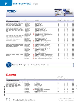Model ID No. Description
Approx. Page
Yield at 5%
Coverage Qty. Unit Price
Brother Inkjet Supplies
Brother®
DCP-110C, 120C; Fax 1840C, 1940CN,
2440C; MFC-210C, 420CN, 620CN, 640CW,
820CW, 3240C, 3340CN, 5440CN, 5840CN
1  BRT-LC41BK LC-41BK Black Ink 500 1 EA 28.99
2  BRT-LC41C LC-41C Cyan Ink 400 1 EA 15.99
3  BRT-LC41M LC-41M Magenta Ink 400 1 EA 15.99
4  BRT-LC41Y LC-41Y Yellow Ink 400 1 EA 15.99
Brother®
DCP-130C, 330C, 350C, Fax 1360,
1860C, 1960C, 2480C, 2580C; MFC-230C, 240C,
440CN, 465CN, 665CW, 685CW, 845CW, 885CW,
3360C
5  BRT-LC51BK LC-51BK Black Innobella™
Ink 500 1 EA 27.99
6  BRT-LC51C LC-51C Cyan Innobella™
Ink 400 1 EA 15.49
7  BRT-LC51M LC-51M Magenta Innobella™
Ink 400 1 EA 15.49
8  BRT-LC51Y LC-51Y Yellow Innobella™
Ink 400 1 EA 15.49
9  BRT-LC512PKS LC-512PKS Value Pack Black Innobella™
Ink 500 2 PK 56.99
10  BRT-LC513PKS LC-513PKS Value Pack Tri-Color Innobella™
Ink 400 3 PK 47.49
Brother®
DPC-165C, DPC-J140W, 375CW, 385C,
395CN, 585CW, MFC-J410W, MFC-J615W,
250C, 255CW, 290C, 295CN, 490CW, 495CW,
775CW, 790CW, 795CW, 990CW, 5490CN,
5890CN, 6490CW, 6890CDW
11  BRT-LC61BK LC-61BK Black Innobella™
Ink 450 1 EA 25.99
12  BRT-LC61C LC-61C Cyan Innobella™
Ink 325 1 EA 10.99
13  BRT-LC61M LC-61M Magenta Innobella™
Ink 325 1 EA 10.99
14  BRT-LC61Y LC-61Y Yellow Innobella™
Ink 325 1 EA 10.99
15  BRT-LC612PKS LC-612PKS Value Pack Black Innobella™
Ink 450 2 PK 47.49
16  BRT-LC613PKS LC-613PKS Value Pack Cyan; Magenta;
Yellow Innobella™
Ink
325 3 PK 30.49
Brother®
MFCJ280W, J410W, J425W, J430W,
J435W, J625DW, J825DW, J835DW, J5910DW,
J6510DW, J6710DW, J6910DW
17  BRT-LC75BK LC-75BK Black Innobella™
High-Yield Ink 600 1 EA 24.99
18  BRT-LC75C LC-75C Cyan Innobella™
High-Yield Ink 600 1 EA 14.99
19  BRT-LC75M LC-75M Magenta Innobella™
High-Yield Ink 600 1 EA 14.99
20  BRT-LC75Y LC-75Y Yellow Innobella™
High-Yield Ink 600 1 EA 14.99
21  BRT-LC71BK LC-71BK Black Innobella™
Ink 300 1 EA 14.99
22  BRT-LC71C LC-71C Cyan Innobella™
Ink 300 1 EA 9.99
23  BRT-LC71M LC-71M Magenta Innobella™
Ink 300 1 EA 9.99
24  BRT-LC71Y LC-71Y Yellow Innobella™
Ink 300 1 EA 9.99
Brother®
MFC-J5910DW, J6510DW, J6710DW,
J6910DW
25  BRT-LC79BK LC-79BK Black Innobella™
Super High-Yield Ink 2400 1 EA 39.99
26  BRT-LC79C LC-79C Cyan Innobella™
Super High-Yield Ink 1200 1 EA 22.99
27  BRT-LC79M LC-79M Magenta Innobella™
Super High-Yield Ink 1200 1 EA 22.99
28  BRT-LC79Y LC-79Y Yellow Innobella™
Super High-Yield Ink 1200 1 EA 22.99
See more Brother products atwww.brotherdetails.com
Model ID No. Description
Approx. Page
Yield at 5%
Coverage Qty. Unit Price
Canon Inkjet Supplies
Canon®
PIXMA iP800, iP2600, MP140, MP190,
MP210, MP240, MX300, MX310
29  CNM-PG30 31 Black Ink . . . . 1 EA 16.99
30  CNM-CL31 31 Tri-Color Ink . . . . 1 EA 20.99
Canon®
PIXMA iP1700, MP150, MP160,
MP170, MP180, MP450, MP460, MP180,
MX310, MX300, JX200, JX210P
31  CNM-CLI8BK CLI-8 Black Ink Tank . . . . 1 EA 15.99
32  CNM-CLI8C CLI-8 Cyan Ink Tank . . . . 1 EA 15.99
33  CNM-CLI8M CLI-8 Magenta Ink Tank . . . . 1 EA 15.99
34  CNM-CLI8Y CLI-8 Yellow Ink Tank . . . . 1 EA 15.99
35  CNM-CLI8 CLI-8 Value Pack Black; Cyan; Magenta;
Yellow Ink Tank
. . . . 4 PK 56.99
36  CNM-PG50 PG-50 Black High-Yield Ink Tank 300 1 EA 37.99
37  CNM-PGI5BK PGI-5 Black Ink Tank . . . . 1 EA 18.49
14-BO-L-J/J-EBL
Price, Quality, Selection and Service
See page 1 for our symbol legend.
Prices subject to change without notice.110
PRINTING SUPPLIES | inkjetP
Job Name USSR07586 Q1 Essentials Branded Catalog
DISTRIBUTION LIST
File Name USSR07586_P3_LINED-OUT LIST_F0110_C0100
Proof Date October 24, 2013 6:19 PM PAGE CONTROL
Page Info BLEED +0p9 TRIM 8.0625 × 10.375
◊ Pricing
P3LINED-OUT
LIST110 0100
•••
USSR07586_P3_LINED-OUT LIST_F0110_C0100.indd 110 10/24/13 6:19 PM
 
