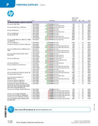 Model ID No. Description
Approx. Page
Yield at 5%
Coverage Qty. Unit Price
HP Monochrome LaserJet Supplies
HP LaserJet P1005, P1006 1  HEW-CB435A HP-35A Black Toner 1500 1 EA 93.92
2  HEW-CB435D HP-35A Value Pack Black Toner 1500 2 BX 169.05
HP LaserJet M1522 Series, P1505 Series 3  HEW-CB436A HP-36A Value Pack Black Toner 2000 2 BX 107.95
4  HEW-CB436D HP-36A Black Toner 2000 1 EA 194.31
HP LaserJet 4200 Series 5  HEW-Q1338A HP-38A Black Toner 12000 1 EA 236.93
6  HEW-Q1338D HP-38A Value Pack Black Toner 12000 2 BX 426.09
HP LaserJet 4300 Series 7  HEW-Q1339A HP-39A Black Toner 18000 1 EA 313.71
HP LaserJet 4250, 4350 8  HEW-Q5942A HP-42A Black Toner 10000 1 EA 229.77
9  HEW-Q5942X HP-42X Black High-Yield Toner 20000 1 EA 347.68
10  HEW-Q5942XD HP-42X Value Pack Black High-Yield Toner 20000 2 BX 626.33
HP LaserJet 9000, 9040 Series, 9050 Series, M9040
mfp, M9050 mfp
11  HEW-C8543X HP-43X Black High-Yield Toner 38000 1 EA 424.81
HP LaserJet 4300 Series 12  HEW-Q5945A HP-45A Black Toner 18000 1 EA 325.55
HP LaserJet 1160 Series, 1320 Series, 3390 Series 13  HEW-Q5949A HP-49A Black Toner 2500 1 EA 126.87
14  HEW-Q5949X HP-49X Value Pack Black High-Yield Toner 6000 1 EA 232.12
15  HEW-Q5949XD HP-49X Value Pack Black High-Yield Toner 6000 2 BX 418.70
HP LaserJet M3027mfp Series; M3035mfp Series,
P3005
16  HEW-Q7551A HP-51A Black Toner 6500 1 EA 199.84
17  HEW-Q7551X HP-51X Value Pack Black High-Yield Toner 13000 1 EA 334.81
18  HEW-Q7551XD HP-51X Value Pack Black High-Yield Toner 13000 2 BX 601.45
HP LaserJet P2015, P2015d, P2015dn, P2015x;
M2727nf MFP
19  HEW-Q7553A HP-53A Black Toner 3000 1 EA 124.02
20  HEW-Q7553X HP-53X Black High-Yield Toner 7000 1 EA 228.94
21  HEW-Q7553XD HP-53X Black High-Yield Toner 7000 2 BX 410.15
HP LaserJet P3015 Series 22  HEW-CE255A HP-55A Black Smart Toner 6000 1 EA 202.46
23  HEW-CE255X HP-55X Black Smart High-Yield Toner 12500 1 EA 314.82
24  HEW-CE255XD HP-55X Black Toner 12500 2 BX 566.57
HP LaserJet 4100 Series 25  HEW-C8061X HP-61X Black High-Yield Toner 10000 1 EA 226.17
HP LaserJet P4015 Series, P4515 Series 26  HEW-CC364A HP-64A Black Toner 10000 1 EA 238.60
27  HEW-CC364X HP-64X Value Pack Black High-Yield Toner 24000 1 EA 424.51
28  HEW-CC364XD HP-64X Value Pack Black High-Yield Toner 24000 2 BX 764.11
HP LaserJet P1606 29  HEW-CE278A HP-78A Black Toner 2100 1 EA 108.65
30  HEW-CE278D HP-78A Value Pack Black Toner 2100 2 BX 195.04
HP LaserJet 8100 Series, 8150 Series; Mopier 320 31  HEW-C4182X HP-82X Value Pack Black High-Yield Toner 20000 1 EA 334.42
HP Designjet 30, 90, 130 Series 32  HEW-CE285A HP-85A Black Toner 1600 1 EA 94.87
33  HEW-CE285D HP-85A Value Pack Black Toner 1600 2 BX 170.13
HP LaserJet Enterprise 600 Series,
M4555 mfp Series
34  HEW-CE390A HP-90A Black Toner 10000 1 EA 238.50
35  HEW-CE390X HP-90X Value Pack Black High-Yield Toner 24000 1 EA 398.56
HP LaserJet 1100 Series, 3200 Series 36  HEW-C4092A HP-92A Black Toner 2500 1 EA 109.61
HP LaserJet 2100 Series, 2200 Series 37  HEW-C4096A HP-96A Black Toner 5000 1 EA 177.85
HP Deskjet D414, D4155, D4160, 5940 Series;
Officejet 100, 150, H470 Series; Photosmart 2570,
2575, C4140, C4150, C4180, D5060, D5065, D5069,
D5145, D5155, D5160, 8049, 8050 Series
38  HEW-92298A HP-98A Black Toner 6800 1 EA 194.21
HP LaserJet Pro 400 M401, 400 MFP M425 Series 39  HEW-CF280A HP-280A Black Toner 2700 1 EA 142.07
40  HEW-CF280X HP-280X Value Pack Black High-Yield Toner 6900 1 EA 244.60
41  HEW-CF280XD HP-280X Value Pack Black High-Yield Toner 6900 2 BX 440.43
HP Color LaserJet CP3525, CM3530 MFP 42  HEW-CE250XD CE250XD Value Pack Black High-Yield Toner 10500 2 PK 488.66
HP Color LaserJet CP4525, CLJ CM4540 MFP 43  HEW-CE260XD CE260XD Value Pack Black High-Yield Toner 17000 2 BX 628.05
HP Color LaserJet Pro CM1415fnw, CP1525nw 44  HEW-CE320AD CE320AD Value Pack Black Toner 2000 2 PK 176.49
HP LaserJet M4555h, M4555f, M4555fskm MFP,
600, M602, M603
45  HEW-CE390XD CE390XD Value Pack Black High-Yield Toner 24000 2 PK 717.62
See more HP products atwww.hpdetails.com
14-BO-L-J/J-EBL
Price, Quality, Selection and Service
See page 1 for our symbol legend.
Prices subject to change without notice.120
PRINTING SUPPLIES | laserP
Job Name USSR07586 Q1 Essentials Branded Catalog
DISTRIBUTION LIST
File Name USSR07586_P3_LINED-OUT LIST_F0120_C0110
Proof Date October 24, 2013 6:34 PM PAGE CONTROL
Page Info BLEED +0p9 TRIM 8.0625 × 10.375
◊ Pricing
P3LINED-OUT
LIST120 0110
•••
USSR07586_P3_LINED-OUT LIST_F0120_C0110.indd 120 10/24/13 6:34 PM
 