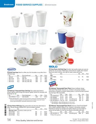 A Drink Foam CupsIdeal for coffee, tea, hot chocolate or any other hot or
cold beverage.
ID No. Size Fits Lid (sold sep.) Qty. Unit Price
1  DRC-8J8 8 oz DRC-8JL 1,000 CT 54.32
2  DRC-10J10 10 oz DRC-10JL 1,000 CT 58.91
3  DRC-12J12 12 oz DRC-12JL; DRC-12SL 1,000 CT 76.84
4  DRC-16J16 16 oz DRC-16JL; DRC-16SL 1,000 CT 98.49
b Pathways®
Polycoated Paper Cold CupsTwo-sided polycoated to
protect against soak-through and improve rigidity. Perfect for everyday cold
beverage use.
ID No. Size Fits Lid (sold sep.) Qty. Unit Price
5  DXE-16PPATH 16 oz DXE-914LSRD 1,200 CT 122.13
Meets FDA Regulations. Product may be processed in commercial composting facilities that
have final screening capability. Such facilities may not be available in your area. Product
contains approximately 80% compostable cellulose fiber by weight.
c Clear Plastic PETE CupsSafe, disposable and attractive alternative to
glass. Strong, durable, flexible PETE cups are shatter-resistant.
ID No. Size Qty. Unit Price
Wise Size®
Pack—Convenient, smaller pack size.
6  DXE-CP10DX 10 oz 500 CT 109.16
7  DXE-CP12DX 12 oz 500 CT 115.29
8  DXE-CP16DX 16 oz 500 CT 130.02
d Party Plastic Cold Drink CupsDurable, high-quality single-use cups are
perfect for any occasion. Multi-layer construction for rigidity. Don’t absorb
liquid and resist cracking. Just right for water, sodas and juices.
ID No. Size Qty. Unit Price
Blue
9  SLO-P16BRL 16 oz 50 PK 15.03
Red
10  SLO-P16RLR 16 oz 50 PK 15.03
e Pathways®
Heavyweight Paper PlatesUnique multilayer design
with Soak-Proof Shield®
ensures cut-, moisture- and grease-resistant
performance. Shaped for greater holding power, it carries the load of almost
any food type. Microwaveable.
ID No. Size Type Color Qty. Unit Price
11  DXE-SXP6PATHCT 57
/8 dia. Plate White 1,000 CT 62.50
12  DXE-SXP6WS 57
/8 dia. Plate White 500 CT 32.50
13  DXE-SXP9PATH 81
/2 dia. Plate Green/Burgundy 500 CT 96.63
14  DXE-SXP10PATH 101
/16 dia. Plate Green/Burgundy 500 CT 128.75
DXE-SXP9PATH—Meets FDA Regulations for food contact.
DXE-SXP10PATH—Meets FDA Regulations for food contact.
f Pathways®
Heavyweight Paper BowlsFeatures a Soak-Proof Shield®
and a unique multilayer design is cut-, moisture- and grease-resistant.
Patented rim design for strength and rigidity. Stands up to the weight of
almost all food types. Go from the microwave to the table with ease.
ID No. Size Type Color Qty. Unit Price
15  DXE-SX12PATH 12 oz Bowl Green/Burgundy 1,000 CT 132.75
Meets FDA regulations.
A B
C
D
E F
14-BO-L-J/J-EBL
Price, Quality, Selection and Service
See page 1 for our symbol legend.
Prices subject to change without notice.14
Breakroom FOOD SERVICE SUPPLIES | dinnerware
Job Name USSR07586 Q1 Essentials Branded Catalog
DISTRIBUTION LIST
File Name USSR07586_P3_LINED-OUT LIST_F0014_C0013
Proof Date October 24, 2013 4:09 PM PAGE CONTROL
Page Info BLEED +0p9 TRIM 8.0625 × 10.375
◊ Pricing
P3LINED-OUT
LIST14 0013
•••
USSR07586_P3_LINED-OUT LIST_F0014_C0013.indd 14 10/24/13 4:09 PM
 