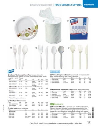 D
c Plastic CutleryStrong and durable.
ID No. Type Color Qty. Unit Price
Heavyweight
8  DXE-FH207 Fork White 100 BX 10.53
9  DXE-KH207 Knife White 100 BX 10.53
10  DXE-SH207 Soup Spoon White 100 BX 10.53
11  DXE-TH207 Teaspoon White 100 BX 10.53
d Full-Length Polystyrene CutleryThese full-length utensils are ideal for
BBQs, birthday parties and other culinary gatherings.
ID No. Type Color Qty. Unit Price
12  BWK-BXFORK Fork White 100 BX 8.82
13  BWK-BXKNIFE Knife White 100 BX 8.82
14  BWK-BXSPOON Teaspoon White 100 BX 8.82
e Mediumweight Polypropylene CutleryDurable, strong plastic cutlery.
ID No. Type Color Qty. Unit Price
15  BWK-FORK Fork White 1,000 CT 24.29
16  BWK-KNIFE Knife White 1,000 CT 24.29
17  BWK-SOUPSPOON Soup Spoon White 1,000 CT 24.29
18  BWK-SPOON Teaspoon White 1,000 CT 24.29
f Renewable PSM CutleryA renewable corn-starch-based bioplastic,
Plastarch Material (PSM) makes excellent disposable tableware. One
of few bioplastics capable of withstanding high temperatures, it has you
covered up to 200°F. Reinforced, ribbed handles provides extra strength.
ID No. Type Color Qty. Unit Price
19  ECO-EPS002 Fork Cream 1,000 CT 93.48
20  ECO-EPS001 Knife Cream 1,000 CT 93.48
21  ECO-EPS003 Teaspoon Cream 1,000 CT 93.48
A B C
E F
A Pathways®
Mediumweight Paper PlatesEveryday plates with
multilayer design for strength and rigidity and Soak-Proof Shield®
. Strong
enough for a variety of foods.
ID No. Size Type Color Qty. Unit Price
1  DXE-UX7PATH 67
/8 dia. Plate Green/
Burgundy
1,000 CT 85.75
2  DXE-UX9PATH 81
/2 dia. Plate Green/
Burgundy
1,000 CT 138.25
In Dispenser Box—Includes two dispenser boxes with 300 plates each.
3  DXE-UX9PATHPB 81
/2 dia. Plate Green/
Burgundy
600 CT 84.63
WiseSize
4  DXE-UX7WS 67
/8 dia. Plate Green/
Burgundy
500 CT 44.63
5  DXE-UX9WS 81
/2 dia. Plate Green/
Burgundy
500 CT 70.63
Meets FDA regulations for food contact.
B White Paper PlatesUncoated.
ID No. Size Type Color Qty. Unit Price
6  DXE-702622WNP6 6 dia. Plate White 1,000 CT 47.23
7  DXE-WNP9OD 9 dia. Plate White 1,000 CT 82.17
14-BO-L-J/J-EBL
14-BO-L-J/J-EBL
15
Breakroom
Can’t find it here? Visit our website for a complete product selection
dinnerware  utensils | FOOD SERVICE SUPPLIES
Job Name USSR07586 Q1 Essentials Branded Catalog
DISTRIBUTION LIST
File Name USSR07586_P3_LINED-OUT LIST_F0015_C0014
Proof Date November 6, 2013 3:59 PM PAGE CONTROL
Page Info BLEED +0p9 TRIM 8.0625 × 10.375
◊ Pricing
P3ALINED-OUT
LIST15 0014
•••
USSR07586_P3_LINED-OUT LIST_F0015_C0014.indd 15 11/6/13 4:00 PM
 