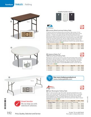 A Economy Wood Laminate Folding Table
A traditional look that will coordinate with any environment. Wear-resistant, 3
/4 thick
melamine top with vinyl T-mold edge. Melamine sealed underside helps prevent moisture
absorption. 1 diameter, heavy gauge steel legs with heavy-duty protective foot caps.
Heavy-duty leg supports and gravity leg lock for secure setup. Folds to 21
/2 for easy storage.
Manufacturer’s limited five-year warranty.Quick to setup and folds for easy storage. Wear-
resistant 5
/8 thick durable melamine top. Steel skirt support with plastic corners to protect
surface when stacking. Sealed underside to prevent moisture absorption. Protective foot
caps. Melamine Top. Holds up to 300 lbs. Manufacturer’s limited five-year warranty. Meets or
exceeds ANSI/BIFMA standards.
ID No. Color Size Shpg. Wt. Unit Price
1  ICE-55324 Walnut 72 × 30 × 29 59 lbs. Each 189.95
2  ICE-55314 Walnut 60 × 30 × 29 49 lbs. Each 179.95
3  ICE-55304 Walnut 48 × 24 × 29 38 lbs. Each 169.95
B IndestrucTables Too™
1200 Series Round Folding Table 
Manufacturer’s limited five-year warranty. Contains 35% total recycled content.Commercial
grade table for indoor and outdoor use. Lightweight, durable and portable. Contemporary
design with smooth edges. Durable top is dent-, scratch- and stain-resistant, and washes
easily. Blow-molded high-density polyethylene top. Holds up to 600 lbs. Manufacturer’s
limited five-year warranty. Meets or exceeds ANSI/BIFMA standards. Contains 35% total
recycled content.
ID No. Color Size Shpg. Wt. Unit Price
4  ICE-65263 Platinum 60 59 lbs. Each 445.00
5  ICE-65247 Charcoal 48 39 lbs. Each 310.00
6  ICE-65243 Platinum 48 39 lbs. Each 310.00

C Resin Rectangular Folding Table
Tables for indoor and outdoor usage. Blow-molded, high-density polyethylene top is dent-,
scratch-, stain- and water-resistant. Legs fold into underside cavity. Folds to 2 for storage.
Charcoal gray powder-coated 1 steel tub legs with non-marring feet. Blow-molded high-
density polyethylene top. Holds up to 500 lbs. Manufacturer’s limited five-year warranty.
Contains 35% pre-consumer recycled content, 35% total recycled content. Meets or exceeds
ANSI/BIFMA standards.
ID No. Color Size Shpg. Wt. Unit Price
Banquet Tables—Holds up to 500 lbs. evenly distributed. Square edge.
7  ALE-65601 Platinum 96 × 30 × 29 49 lbs. Each 227.00
8  ALE-65600 Platinum 72 × 30 × 29 36 lbs. Each 165.00
9  ALE-65602 Platinum 60 × 30 × 29 31 lbs. Each 147.00
10  ALE-65603 Platinum 48 × 24 × 29 25 lbs. Each 139.00
Walnut
Platinum
Platinum
A
B
C
Charcoal WalnutPlatinum
iceberg folding tables
Great Service
We can help you with
selection  solutions.
See more Iceberg products at
www.icebergdetails.com 14-BO-L-J/J-EBL
Price, Quality, Selection and Service
See page 1 for our symbol legend.
Prices subject to change without notice.192
TABLES | foldingFurniture
Job Name USSR07586 Q1 Essentials Branded Catalog
DISTRIBUTION LIST
File Name USSR07586_P3_LINED-OUT LIST_F0192_C0181
Proof Date October 31, 2013 12:30 PM PAGE CONTROL
Page Info BLEED +0p9 TRIM 8.0625 × 10.375
P3LINED-OUT
LIST0181192
◊ Pricing
•••
USSR07586_P3_LINED-OUT LIST_F0192_C0181.indd 192 10/31/13 12:31 PM
 