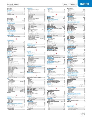 Flags, Page.....................................................64
Flash Drives....................................................36
Folgers®
Coffee...........................................11
Forms...............................................................78
Furniture................................................147–197
Furniture Polish.............................................25
G
Garbage Cans...............................................146
Garment Hooks..............................................20
Garment Racks.......................................20, 197
GE Light Bulbs................................................72
GEORGIA PACIFIC
Folded Towels.............................................30
Roll Towels..................................................31
Toilet Tissues..............................................29
Glad®
Trash Bags.......................................146
Gloves, Disposable...............................66, 141
Glue  Glue Sticks........................................67
GO-JO INDUSTRIES
Hand Sanitizers
 Wipes...................................................27
Hand Soaps.................................................28
Green Works®
All-Purpose Cleaning Wipes....................23
H
Hammermill®
Color Copy Paper.......................................84
Copy Paper............................................86, 87
Cover Stock.................................................84
Inkjet Paper.................................................85
Laser Paper...........................................84, 85
Multipurpose Paper...................................85
Hangers, Coat.................................................20
Hangrails, File Cabinet...............................185
Hard Drives.....................................................36
Havells®
Light Bulbs...................................72
Headrests, Chair..........................................163
Headsets.........................................................67
HI-LITER®
Highlighters................................102
Highlighters..................................................102
HON®
Chair Arms........................................170, 173
Chair Carts................................................180
Credenzas.................................................151
Desk Corner Connector..........................151
Desks Returns..........................................151
File Cabinet Lock Core Kit.......................184
Folding Chairs...........................................181
Keyboard Platforms.................................151
Lateral File Cabinets................................184
Lateral File Cross Rails............................184
Leather Chairs..........................................173
Mesh Chairs..............................................173
Metal Desks..............................................151
Office Chairs.............................169, 170, 173
Pedestal File Cabinets.............................188
Stacking Chairs........................................180
Task Stools........................................170, 173
Vertical File Cabinets......................186, 187
HP
Ink  Paper
Combinations.........................................109
Inkjet Cartridges.......................103, 106–109
Laser Drums..............................................119
Laser Paper.................................................84
Laser Printers...........................................103
Multifunction Machines.........................103
Multipurpose Paper...................................85
Office Paper................................................87
Photo Paper......................................106–108
Printheads.................................106, 107, 109
Toner Cartridges......................103, 117–120
Hutches.........................................................149
I
Iceberg Folding Tables......................191, 192
imation®
CD Discs......................................................37
Flash Drives................................................36
Hard Drives.................................................36
Index Cards.....................................................19
InfoPrint Solutions Company™
Toner Cartridges......................................124
Ink  Paper Combinations.........................109
Inkjet Cartridges..........................103, 106–116
Inkjet Cartridges,
Postage Meter......................................111, 116
Innovera®
Antistatic Cleaning Wipes........................35
Cable Ties....................................................34
Calculators..................................................17
CD Discs......................................................37
CD/DVD Storage.........................................38
Copyholders................................................21
Dust Cloths..................................................35
DVD Discs...................................................37
Electronic Devices Wipes........................35
Extension Cords.......................................140
Flash Drives................................................36
HDMI Cables...............................................34
Inkjet Cartridges...............................113–116
Keyboard  Mouse Wrist Rests..............41
Laser Drums..............................................126
Laser Lens Cleaners..................................35
Laser Pointers..........................................129
Mice.............................................................39
MICR Toner Cartridges...................127, 128
Mouse/Mice Pads.....................................41
Network Cables..........................................34
Postage Meter Cartridges......................116
Power Strips.............................................140
Screen Cleaners  Wipes........................35
Surge Protectors......................................140
Thermal Transfer Supplies.....................128
Toner Cartridges......................114, 126–128
USB Adapter Cables..................................34
J
Jabra PC Headsets.....................................67
Jaguar Plastics®
Trash Bags........................................145, 146
Jewel Cases, CD/DVD..................................38
K
Kantek
Monitor Stands...........................................43
Tablet Filters...............................................32
Kensington®
Keyboards...................................................40
Laser Pointers..........................................129
Mobile Devices Chargers.........................33
Pen Styluses...............................................33
Smartphone Cases....................................33
Tablet Accessories....................................32
Keyboard Platforms.....................................151
Keyboards ......................................................40
Keybaords, Tablet..........................................32
KIMBERLY-CLARK PROFESSIONAL*
Disposable Gloves.....................................66
Facial Tissues.............................................31
Roll Towels..................................................30
Toilet Tissues..............................................29
Knives, Utility.................................................68
Krazy®
Glue All-Purpose Glue.................67
L
Label Makers/Printers  Supplies.............69
Labels
Address.......................................................70
Badge.............................................................2
File Folder....................................................71
Multipurpose..............................................71
Postage Meter............................................73
Shipping.......................................................70
Laminators......................................................71
Lanyards............................................................2
Laser Printer Supplies..........103, 114, 116–128
Lead Refills, Pencil.......................................90
LEE Fingertip Moisteners..............................74
Legal Pads......................................................77
Letter Openers................................................48
Letter Tray/Sorter Combos...........................46
Letter Trays...............................................44, 45
Lexmark™
Inkjet Cartridges.......................................112
Photo Ink Cartridges................................112
Toner Cartridges..............................122, 123
Light Bulbs......................................................72
Linea Italia®
Laminate Bookcases...............................153
Office Suite Desks...................................153
Pedestal File Cabinets.............................153
Workstation Divider Panels...................153
Lock Core Kit,
File Cabinet...............................................184
Lockers..........................................................197
Logitech®
Keyboards...................................................40
Mice.............................................................39
Tablet Keyboards.......................................32
M
M  M’s®
Candy............................................13
Mailers............................................................73
Mailing Labels.........................................70, 71
Marcal®
Small Steps®
Paper Napkins............................................16
Roll Towels..................................................16
Toilet Tissues..............................................29
Marker Boards.................................................8
Marker Pens...................................................97
Markers, Dry Erase.............................100, 101
Markers, Permanent...............................98, 99
Marks-A-Lot®
Permanent Markers.......... 99
Mats, Chair...................................................181
Maxell®
CD  DVD Discs.........................................37
Earbuds Headsets......................................67
Mead®
Notebooks........................................76
Mechanical Pencil Refills...........................90
Medicines.................................................65, 66
Memorex®
CD  DVD Discs.........................................37
Hard Drives.................................................36
Mice	................................................................39
Mobile Files....................................................60
Mobile Storage Crates.................................60
Moisteners, Envelope...................................74
Moisteners, Fingertip...................................74
Monitor Filters...............................................42
Monitor Stands  Risers..............................43
Mouse/Keyboard Combos............................40
Mr. Clean®
Sponges...................................22
Multifunction Machines............................103
N
Name Badges  Accessories.......................2
Napkins, Paper..............................................16
Navigator®
Multipurpose Paper...........84, 86
Neenah Paper
Colored Paper.............................................88
Cover Stock.................................................89
Nestle Waters®
Spring Water................12
NEUTRA AIR®
Air Fresheners......................28
Notebooks.................................................75, 76
O
Off-Surface Shelves......................................44
Office Snax®
Coffee...........................................................11
Coffee Stir Sticks.......................................12
Coffee Condiments....................................12
Pretzels........................................................13
Office Suites.................147, 149, 151–153, 182
Oki®
Laser Drums..............................................123
Toner Cartridges......................................123
OLD ENGLISH®
Furniture Polish Cleaners.........................25
Organizers, Coffee Condiments..................12
Ottomans, Reception Room.......................154
Oxford®
Index Cards.................................................19
Report Covers...................................131, 132
P
Packing/Wrapping Materials,
Bubble Wrap...............................................73
Pads, Easel.....................................................78
Pads, Mouse/Mice........................................41
Pads, Ruled Writing......................................77
Pads, Self-Stick Notes...........................78–82
Palm Support, Laptop....................................41
Panasonic®
Laser Drums..............................................124
Toner Cartridges......................................124
Panel/Partition Accessories.........19, 20, 151
Paper
Color Copy...................................................84
Colored........................................................88
Continuous..................................................89
Copy.......................................................86–88
Inkjet............................................................85
Laser......................................................84, 85
Paper (Cont.)
Multipurpose........................................84–86
Office......................................................86, 87
Photo..................................................106–108
Paper Clip Holders........................................44
Paper Clips.....................................................19
Paper Fasteners.............................................57
Paper Mate®
Ballpoint Pens......................................95, 96
Mechanical Pencils...................................90
Pencil Erasers............................................90
Porous Point Pens.....................................97
Paper Mate®
Liquid Paper®
Correction Tapes........................................21
Paper Rolls, Calculator................................89
Paper Towels......................................16, 30, 31
Paper Trimmers............................................144
Particulate Respirators..............................141
Pencil Sharpeners.........................................91
Pencils, Mechanical.....................................90
Pencils, Woodcase.................................90, 91
Pendaflex®
Classification File Folders.........................54
File Folders............................................50–52
File Pockets.................................................57
Pens, Ballpoint.........................................95–97
Pens, Porous Point........................................97
Pens, Rollerball.......................................92–95
Pentel®
Ballpoint Pens............................................97
Mechanical Pencils...................................90
Pencil Lead Refills.....................................90
Rollerball Pens...........................................92
Pepto-Bismol®
Antacids...........................66
Phone Message Pads...................................78
Photo Ink Cartridges...................................112
PhysiciansCare®
First Aid Kits................................................65
Medicines...................................................66
Pilot®
Ballpoint Pens............................................96
Rollerball Pens.....................................92–94
Pine-Sol®
All-Purpose Cleaners...............23
Planners, Erasable Wall...............................18
Plantronics®
Bluetooth®
Headsets.................................67
Plates, Paper............................................14, 15
Pledge®
Furniture Wipes........................... 25
Pocket Expanding Files................................59
Pocket Folders.....................................131, 132
Pocket Wall Files..........................................63
Pointers, Laser.............................................129
Polish, Furniture............................................25
Post-it®
Easel Pads...................................................78
Page Flags...................................................64
Self-Stick Note Pads.................................80
Self-Stick Pop-Up Notes...........................79
Post-it®
Greener Notes
Self-Stick Note Pads.................................81
Post-it®
Super Sticky
Self-Stick Note Pads...........................79–81
Self-Stick Pop-Up Notes
	  Dispensers.......................................78
Pouches, Laminating....................................72
Power Strips.................................................140
Presenters.....................................................129
Pretzels............................................................13
Printers, Laser..............................................103
Printheads.....................................106, 107, 109
Printing Supplies...................106–109, 112, 123
PROCTER  GAMBLE
Dusters  Refills........................................26
Facial Tissues.............................................31
Roll Towels..................................................16
Sponges.......................................................22
Toilet Tissues..............................................29
Professional LYSOL®
Brand
Disinfectant Cleaners................................24
Protection Bands, Tablet..............................32
Puffs®
Facial Tissues..................................31
Punches.........................................................130
PURELL®
Hand Sanitizers  Wipes..........................27
Push Pins..........................................................9
Q
Quality Park™
Business Envelopes..................................47
Packing List Envelopes.............................74
Security Envelopes....................................47
199
INDEX
14-BO-L-J/J-EBL
Flags, Page	 Quality Park™
Job Name USSR07586 Q1 Essentials Branded Catalog
DISTRIBUTION LIST
File Name USSR07586_P3_LINED-OUT LIST_F0199_C0176
Proof Date November 18, 2013 1:24 PM PAGE CONTROL
Page Info BLEED +0p9 TRIM 8.0625 × 10.375
◊ Pricing
P3LINED-OUT
LIST199 0176
USSR07586_P3_LINED-OUT LIST_F0199_C0176.indd 199 11/18/13 1:24 PM
 