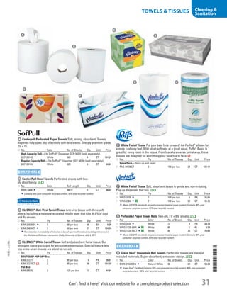 b Center-Pull Hand TowelsPerforated sheets with two-
ply absorbency.
ID No. Color Roll Length Qty. Unit Price
3  BWK-6400 White 660 ft 6 CT 48.47
Contains 55% post-consumer recycled content, 55% total recycled content.
f White Facial TissueSoft, absorbent tissue is gentle and non-irritating.
Pop-up dispenser. Flat box.
ID No. Ply No. of Tissues Qty. Unit Price
10  WNS-2430 2 100 per box 6 PK 31.01
11  WNS-2360 2 100 per box 30 CT 96.25
Meets U.S. EPA standards for post-consumer material paper content. Contains 30% post-
consumer recycled content, 45% total recycled content.
g Perforated Paper Towel RollsTwo-ply, 11 × 84
/5 sheets.
ID No. Color No. of Sheets Qty. Unit Price
12  WNS-2420 White 72 6 PK 24.72
13  WNS-1220-85RL White 85 1 RL 3.30
14  WNS-1220-85CT White 85 30 CT 78.82
Meets U.S. EPA standards for post-consumer material paper content. Contains 80% post-
consumer recycled content, 80% total recycled content.
c KLEENEX®
Anti-Viral Facial TissueAnti-viral tissue with three soft
layers, including a moisture-activated middle layer that kills 99.9% of cold
and flu viruses.
ID No. Ply No. of Tissues Qty. Unit Price
4  KIM-25836BX 3 68 per box 68 BX 5.25
5  KIM-25836CT 3 68 per box 27 CT 134.29
The reduction in probability of infection is based upon mathematical modeling referenced in
the Workplace Wellness Intervention Study, University of Arizona, July 9, 2011.
d KLEENEX®
White Facial TissueSoft and absorbent facial tissue. Our
strongest tissue packaged for attractive presentation. Special feature lets
you know when tissues are about to run out.
ID No. Ply No. of Tissues Qty. Unit Price
BOUTIQUE* POP-UP* Box
6  KIM-21271 2 95 per box 6 PK 26.51
7  KIM-21270CT 2 95 per box 36 CT 151.92
Flat Box
8  KIM-03076 2 125 per box 12 CT 47.61
e White Facial TissuePut your best face forward! Air-Fluffed™
pillows for
a more cushiony feel. With plush softness at a great value, Puffs®
Basic is
great for every room in the house. From tears to sneezes to make up, these
tissues are designed for everything your face has to face.
ID No. Ply No. of Tissues Qty. Unit Price
Value Pack—Stock up and save!
9  PAG-84736CT 2 180 per box 24 CT 102.11
h Green Seal™
Household Roll TowelsPerforated towels are made of
recycled materials. Super-absorbent, embossed design.
ID No. Color No. of Sheets Qty. Unit Price
15  BWK-21GREEN Natural White 90 30 CT 53.39
Green Seal™
Certified. Contains 50% pre-consumer recycled content, 50% post-consumer
recycled content, 100% total recycled content.
b
c
d
e
f
g H
a Centerpull Perforated Paper TowelsSoft, strong, absorbent. Towels
dispense fully open, dry effectively with less waste. One-ply premium grade.
77
/8 × 15.
ID No. Color No. of Sheets Qty. Unit Price
High-Capacity Roll—Fits SofPull®
Dispenser GEP-58201 (sold separately).
1  GEP-28143 White 560 4 CT 101.21
Regular-Capacity Roll—Fits SofPull®
Dispenser GEP-58204 (sold separately).
2  GEP-28124 White 320 6 CT 94.81
a
14-BO-L-J/J-EBL
14-BO-L-J/J-EBL
31Can’t find it here? Visit our website for a complete product selection
TOWELS  TISSUES Cleaning 
Sanitation
Job Name USSR07586 Q1 Essentials Branded Catalog
DISTRIBUTION LIST
File Name USSR07586_P3_LINED-OUT LIST_F0031_C0030
Proof Date November 13, 2013 4:49 PM PAGE CONTROL
Page Info BLEED +0p9 TRIM 8.0625 × 10.375
◊ Pricing
31
P3ALINED-OUT
LIST0030
•••
USSR07586_P3_LINED-OUT LIST_F0031_C0030.indd 31 11/13/13 4:49 PM
 