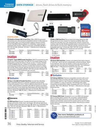 A SlimDrive Portable USB 3.0 Hard DriveOffers USB 3.0 superspeed
connectivity and is also backward compatible to 2.0 and 1.0. Bus-powered
with included cable, so no external power supply is required. Includes
ArcSoft Total Media Backup software for scheduling, customizing and
automating data transfers. USB 3.0 connectivity. Compatible with Mac®
OS X 10.5 and later; Windows®
XP, Vista™
, 7. Manufacturer’s limited two-
year warranty.
ID No. Capacity Connector/Port/Interface Unit Price
1  MEM-99087 500 GB USB 3.0 EA 86.99
2  MEM-99088 1 TB USB 3.0 EA 120.99
b Apollo™
Expert M300 Portable Hard DriveUSB 3.0 connectivity for data
speeds up to three times faster than USB 2.0. The compact design of this
backup drive is perfect for those on the go, at only 3 × 5 inches. Includes
ArcSoft TotalMedia Backup®
software for scheduling, customizing and
automating data transfers. Features a brushed silver casing for a stylish
look and feel. Status indicator light lets you know the drive is active. USB
3.0 connectivity. Compatible with Mac®
OS X 10.5 and later; Windows®
XP,
Vista™
, 7. Manufacturer’s limited two-year warranty.
ID No. Capacity Connector/Port/Interface Unit Price
3  IMN-28259 500 GB USB 3.0 EA 91.99
4  IMN-28258 1 TB USB 3.0 EA 127.99
e Micro USB Flash DriveChip-on-board technology allows this USB
storage drive to be ultra compact for maximum portability. Slider case
retracts the chip when not in use, protecting the contacts. Lanyard and
carabiner-style clip offer flexible portability options and prevent loss. Drive
retains data for up to five years. USB plug and play requires no drivers.
Compatible with Linux®
2.4 and later; Mac®
OS X 10.1 and later; Windows®
2000, XP, Vista™
, 7. Manufacturer’s limited two-year warranty.
ID No. Type Capacity Unit Price
11  IVR-38004 USB 2.0 4 GB EA 17.27
12  IVR-38008 USB 2.0 8 GB EA 26.54
RoHS Compliant.
f Swivel USB Flash DriveCompact and powerful flash device features
a “never lose” swivel cap and a sophisticated, professional design. Attach
to your keychain, slip it into your pocket, or toss it into your briefcase. It
weighs less than one-half ounce. Compatible with Mac®
OS X; Windows®
2000, XP, Vista™
, 7. Manufacturer’s limited five-year warranty.
ID No. Type Capacity Color(s) Unit Price
13  IMN-26654 USB 2.0 8 GB Black EA 15.99
14  IMN-27125 USB 2.0 16 GB Black EA 23.59
TAA Compliant. Password security feature is only compatible with Windows OS.
c Store ‘n’ Go USB 3.0 Portable Hard DriveIncludes Nero BackItUp
 Burn Essentials software for automatic scheduling and encrypted
backup with password control. Features USB 3.0 connectivity for ultra-fast
transfers, while backward-compatible with USB 2.0. Compact size allows
you to easily stow it in any laptop bag. Sleek design with piano-black finish.
USB 3.0 connectivity. Compatible with Linux®
2.6 and later; Mac®
OS X 10.1
and later; Windows®
2000, XP, Vista™
, 7. Manufacturer’s limited seven-
year warranty.
ID No. Capacity Connector/Port/Interface Unit Price
5  VER-97395 1 TB USB 3.0 EA 172.00
d USB Flash DriveCompact, reusable storage device provides easy
storage and transfer of data, music and images. LED indicator light shows
file transfer activity. Integrated never-lose 180° swivel cap. Compatible with
Mac®
OS X 10.1 and later; Windows®
2000, XP, Vista™
, 7. Manufacturer’s
limited one-year warranty.
ID No. Type Capacity Color(s) Unit Price
6  IVR-37600 USB 2.0 4 GB Red/Black EA 13.65
7  IVR-37608 USB 2.0 8 GB Red/Black EA 17.68
8  IVR-37616 USB 2.0 16 GB Red/Black EA 24.83
9  IVR-37632 USB 2.0 32 GB Red/Black EA 44.54
10  IVR-37664 USB 2.0 64 GB Red/Black EA 69.99
RoHS Compliant.
g PinStripe USB DriveFeatures a retractable connector with a push-
and-pull sliding feature to protect the USB connector when not in use,
eliminating the need for a cap. It features a lightweight, pinstriped design
and is available in a range of capacities. The PinStripe drive makes
transporting and sharing files simple. Compatible with Linux®
: Kernel 2.6x
and later; Mac®
OS X; Windows®
XP, Vista™
, 7. Manufacturer’s two-year
limited warranty.
ID No. Type Capacity Color(s) Unit Price
15  VER-49061 USB 2.0 4 GB Black EA 11.40
16  VER-49062 USB 2.0 8 GB Black EA 15.00
17  VER-49063 USB 2.0 16 GB Black EA 26.00
h Premium SDHC CardsDesigned for use in any SDHC slot equipped
device including digital cameras, HD camcorders, notebook/netbook
PCs and more. High-performance cards offer smooth video capture/
playback and fast photo capture and file transfers to/from your PC. Write
protect switch prevents accidental data deletion. Manufacturer’s limited
lifetime warranty.
ID No. Capacity Type Speed Class Unit Price
18  VER-96318 8 GB SDHC Class 10 EA 15.50
19  VER-96808 16 GB SDHC Class 10 EA 28.00
20  VER-96871 32 GB SDHC Class 10 EA 57.50
A
B
C
D
e
f g
h
See more Verbatim products at
www.verbatimdetails.com
14-BO-L-J/J-EBL
Price, Quality, Selection and Service
See page 1 for our symbol legend.
Prices subject to change without notice.36
Computer
Accessories DATA STORAGE | drives, flash drives  flash memory
Job Name USSR07586 Q1 Essentials Branded Catalog
DISTRIBUTION LIST
File Name USSR07586_P3_LINED-OUT LIST_F0036_C0035
Proof Date October 25, 2013 12:34 PM PAGE CONTROL
Page Info BLEED +0p9 TRIM 8.0625 × 10.375
◊ Pricing
P3LINED-OUT
LIST36 0035
•••
USSR07586_P3_LINED-OUT LIST_F0036_C0035.indd 36 10/25/13 12:34 PM
 