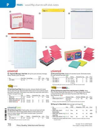 A
B C
D
E F
A “Important Message” Pink PadsSet up for quick and easy message
taking. Shaded check-off boxes.
ID No. Form Size Forms/Page
Form
Qty. Unit Price
1  UNV-48023 41
/4 × 51
/2 1 50 DZ 6.95
B Self-Stick Easel PadsSticks securely, removes cleanly and resists
marker bleed-through.Repositionable sheets stick to more surfaces longer
than other easel pads. This product was made from wood that came from a
certified managed forest.
ID No. Size Ruling Sheets/Pad Qty. Unit Price
2  MMM-559 25 × 30 Unruled 30 2 CT 87.90
Value Pack—Stock up and save!
3  MMM-559VAD6PK 25 × 30 Unruled 30 6 CT 247.91
4  MMM-559VAD 25 × 30 Unruled 30 4 CT 167.43
C Self-Stick Easel PadA high-quality, value-priced easel pad with
no release liner. Self-sticking sheets adhere to most surfaces and
leave no messy residue. 20-lb. bleed-resistant paper. Convenient
carrying handle.
ID No. Size Ruling Sheets/Pad Qty. Unit Price
5  UNV-35603 25 × 30 Unruled 30 2 CT 62.30
Contains 30% post-consumer recycled content.
D Recycled Easel PadsDrilled to fit standard easels. Perforated sheets
for easy removal from pad.
ID No. Size Ruling Sheets/Pad Qty. Unit Price
6  UNV-35601 27 × 34 Ruled 50 2 CT 61.03
7  UNV-35600 27 × 34 Unruled 50 2 CT 61.03
8  UNV-35602 27 × 34 Quadrille
(1 sq./in.)
50 2 CT 61.03
Contains 40% post-consumer recycled content, 100% total recycled content.
E Pop-Up Dispenser Value Pack with Assorted 3 x 3 RefillsValue
Pack includes twelve 90-sheet pads of 3 × 3 Super Sticky Pop-up Notes
in Assorted Electric Glow and Jewel Pop Colors with FREE Pop-up
Note Dispenser.
ID No. Dispenser Color Pad Size Refillable Unit Price
9  MMM-DS330-SSVA Black Base;
Clear Top
3 × 3 Yes PK 30.25
Paper comes from forests that are well-managed and the trees are regrown.
F Pop-up 3 x 3 Note RefillsHolds stronger and longer.
ID No. Size
Plain/
Lined Sheets/Pad
Pads/
Pack Unit Price
Canary
10  MMM-R330-12SSCY 3 × 3 Plain 90 12 PK 25.25
Electric Glow
11  MMM-R330-10SSAN 3 × 3 Plain 90 10 PK 24.50
Jewel Pop
12  MMM-R330-10SSAU 3 × 3 Plain 90 10 PK 24.50
MMM-R330-10SSAN, MMM-R330-10SSAU—Contains a minimum of 30% post-consumer
recycled content.
14-BO-L-J/J-EBL
Price, Quality, Selection and Service
See page 1 for our symbol legend.
Prices subject to change without notice.78
Pads | easel/flip chart  self-stick notesP
Job Name USSR07586 Q1 Essentials Branded Catalog
DISTRIBUTION LIST
File Name USSR07586_P3_LINED-OUT LIST_F0078_C0075
Proof Date October 24, 2013 5:42 PM PAGE CONTROL
Page Info BLEED +0p9 TRIM 8.0625 × 10.375
◊ Pricing
P3LINED-OUT
LIST007578
nt
•••
USSR07586_P3_LINED-OUT LIST_F0078_C0075.indd 78 10/24/13 5:42 PM
 
