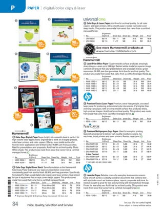 b Color Copy Digital Cover StockSame formulation as the Hammermill
Color Copy Paper to ensure your signs or presentation covers look
consistently great from start to finish. 99.99% jam-free guarantee. Specifically
formulated for high-speed digital color copiers and laser printers. Guaranteed
for use in equipment that accepts cover weight papers. This product was
made from wood that came from a certified managed forest.
ID No. Sheet Size Color Sheet Qty. Weight Unit Price
3  HAM-12254-9 81
/2 × 11 Photo White 250 60 lb. PK 17.13
4  HAM-12002-3 81
/2 × 11 Photo White 250 80 lb. PK 17.24
5  HAM-12255-6 11 × 17 White 250 60 lb PK 31.14
6  HAM-12003-7 11 × 17 White 250 80 lb PK 31.39
Brightness Rating (US): 98. Brightness Rating (International): 112. Grain short.
d Laser Print Office PaperSuper-smooth surface produces amazingly
sharp images—even up to 2400 dpi. Radiant white shade for superior image
contrast will ensure that your presentations and proposals make a great
impression. 99.99% jam-free guarantee. Acid-free for archival quality. This
product was made from wood that came from a certified managed forest.
ID No.
Brightness
(US/Int’l) Sheet Size Sheet Qty. Weight Unit Price
9  HAM-12553-4 98/112 81
/2 × 11 500 28 lb RM 29.41
10  HAM-10460-4 98/ 112 81
/2 × 11 500 24 lb RM 22.74
11  HAM-10464-6 98/ 112 81
/2 × 11 500 32 lb RM 30.19
12  HAM-10461-2 98/ 112 81
/2 × 14 500 24 lb RM 28.74
13  HAM-10462-0 98/ 112 11 × 17 500 24 lb RM 45.33
f Premium Multipurpose Copy PaperIdeal for everyday printing.
Specially engineered to deliver high-quality results in copiers, fax
machines, inkjet printers and laser printers. Resists paper jams.
ID No.
Brightness
(US/Int’l) Sheet Size Sheet Qty. Weight Unit Price
15  SNA-NMP1120 97/ 110 81
/2 × 11 5,000 20 lb CT 94.80
16  SNA-NMP1124 99/ 112 81
/2 × 11 5,000 24 lb CT 144.76
17  SNA-NMP1420 97/ 110 81
/2 × 14 5,000 20 lb CT 187.75
18  SNA-NMP1720 97/ 110 11 × 17 2,500 20 lb CT 136.73
3-Hole Punched
19  SNA-NMP113HP 97/ 110 81
/2 × 11 5,000 20 lb CT 133.97
20  SNA-NMP1724 97/110 11 × 17 2,500 24 lb CT 63.07
ISO-14001; ISO-9001; OHSAS-18001.
See more Hammermill products at
www.hammermilldetails.com
A Color Copy Digital PaperSuper-bright, ultra-smooth sheet is perfect for
high-volume color applications. Engineered to work on all digital presses,
color laser printers and color copiers. Offers a more stable surface for
heavier toner applications and brilliant color. 99.99% jam-free guarantee.
Ideal for presentations and proposals. Acid-free for archival quality. Photo
White shade. This product was made from wood that came from a certified
managed forest.
ID No.
Brightness
(US/Int'l) Sheet Size Sheet Qty. Weight Unit Price
1  HAM-10246-7 100/ 115 81
/2 × 11 500 28 lb RM 29.67
2  HAM-10254-1 100/ 115 11 × 17 500 28 lb RM 53.16
c Color Copy  Laser PaperAcid-free for archival quality. For all color
copiers and laser printers. Ultra-smooth paper creates vivid colors and
deep blacks. This product was made from wood that came from a certified
managed forest.
ID No.
Brightness
(US/Int'l) Sheet Size Sheet Qty. Weight Unit Price
7  UNV-96242 98/ 114 81
/2 × 11 500 28 lb RM 18.30
8  UNV-96244 98/  114 11 × 17 500 28 lb RM 35.15
e Premium Choice Laser PaperPremium, extra-heavyweight, uncoated
laser paper for producing professional color documents. It's brighter than
ordinary copy paper, with an extra smooth surface that produces sharp,
high-contrast images. Acid-free for archival quality. This product was made
from wood that came from a certified managed forest.
ID No.
Brightness
(US/Int'l) Sheet Size Sheet Qty. Weight Unit Price
14  HEW-11310-0 98/ 113 81
/2 × 11 500 32 lb RM 23.16
g LaserJet PaperReliable choice for everyday business documents.
Extra-smooth surface is ideally suited for documents that combine text
with spot colors such as business plans, reports, proposals and more. Its
medium weight is great for two-sided printing with minimal show-through.
Priced for everyday use. Acid-free for archival quality. This product was
made from wood that came from a certified managed forest.
ID No.
Brightness
(US/Int'l) Sheet Size Sheet Qty. Weight Unit Price
21  HEW-11240-0 98/ 113 81
/2 × 11 500 24 lb RM 20.36
A
b
c d
e
f
g
14-BO-L-J/J-EBL
Price, Quality, Selection and Service
See page 1 for our symbol legend.
Prices subject to change without notice.84
PAPER | digital/color copy  laserP
Job Name USSR07586 Q1 Essentials Branded Catalog
DISTRIBUTION LIST
File Name USSR07586_P3_LINED-OUT LIST_F0084_C0080
Proof Date October 25, 2013 12:35 PM PAGE CONTROL
Page Info BLEED +0p9 TRIM 8.0625 × 10.375
◊ Pricing
P3LINED-OUT
LIST008084
ni
•••
USSR07586_P3_LINED-OUT LIST_F0084_C0080.indd 84 10/25/13 12:36 PM
 