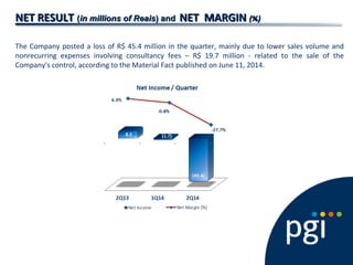 NET RESULTNET RESULT ((in millions of Reaisin millions of Reais)) andand NET MARGINNET MARGIN (%)(%)
The Company posted a loss of R$ 45.4 million in the quarter, mainly due to lower sales volume and
nonrecurring expenses involving consultancy fees – R$ 19.7 million - related to the sale of the
Company's control, according to the Material Fact published on June 11, 2014.
 