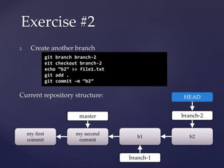 3. Create another branch
Current repository structure:
Exercise #2
git branch branch-2
eit checkout branch-2
echo ”b2” >> file1.txt
git add .
git commit –m ”b2”
my first
commit
my second
commit
master
b1
branch-1
HEAD
b2
branch-2
 