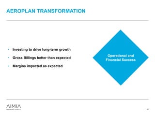 AEROPLAN TRANSFORMATION
16
• Investing to drive long-term growth
• Gross Billings better than expected
• Margins impacted as expected
Operational and
Financial Success
 