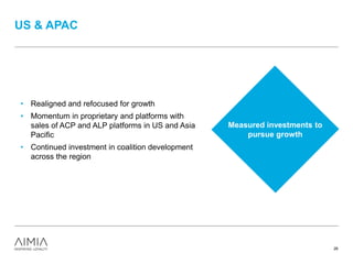 US & APAC
26
• Realigned and refocused for growth
• Momentum in proprietary and platforms with
sales of ACP and ALP platforms in US and Asia
Pacific
• Continued investment in coalition development
across the region
Measured investments to
pursue growth
 