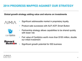 2014 PROGRESS MAPPED AGAINST OUR STRATEGY
8
Global growth strategy adding value and returns on investments
• Significant addressable market in proprietary loyalty
• Product sale successes with ALP, ACP, Smart Button
• Partnership strategy allows capabilities to be shared quickly
with lower risk
• Fair value of Cardlytics worth more than $100 million, double
our initial investment
• Significant growth potential for ISS business
 