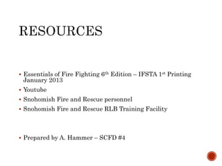  Essentials of Fire Fighting 6th Edition – IFSTA 1st Printing
January 2013
 Youtube
 Snohomish Fire and Rescue personnel
 Snohomish Fire and Rescue RLB Training Facility
 Prepared by A. Hammer – SCFD #4
 