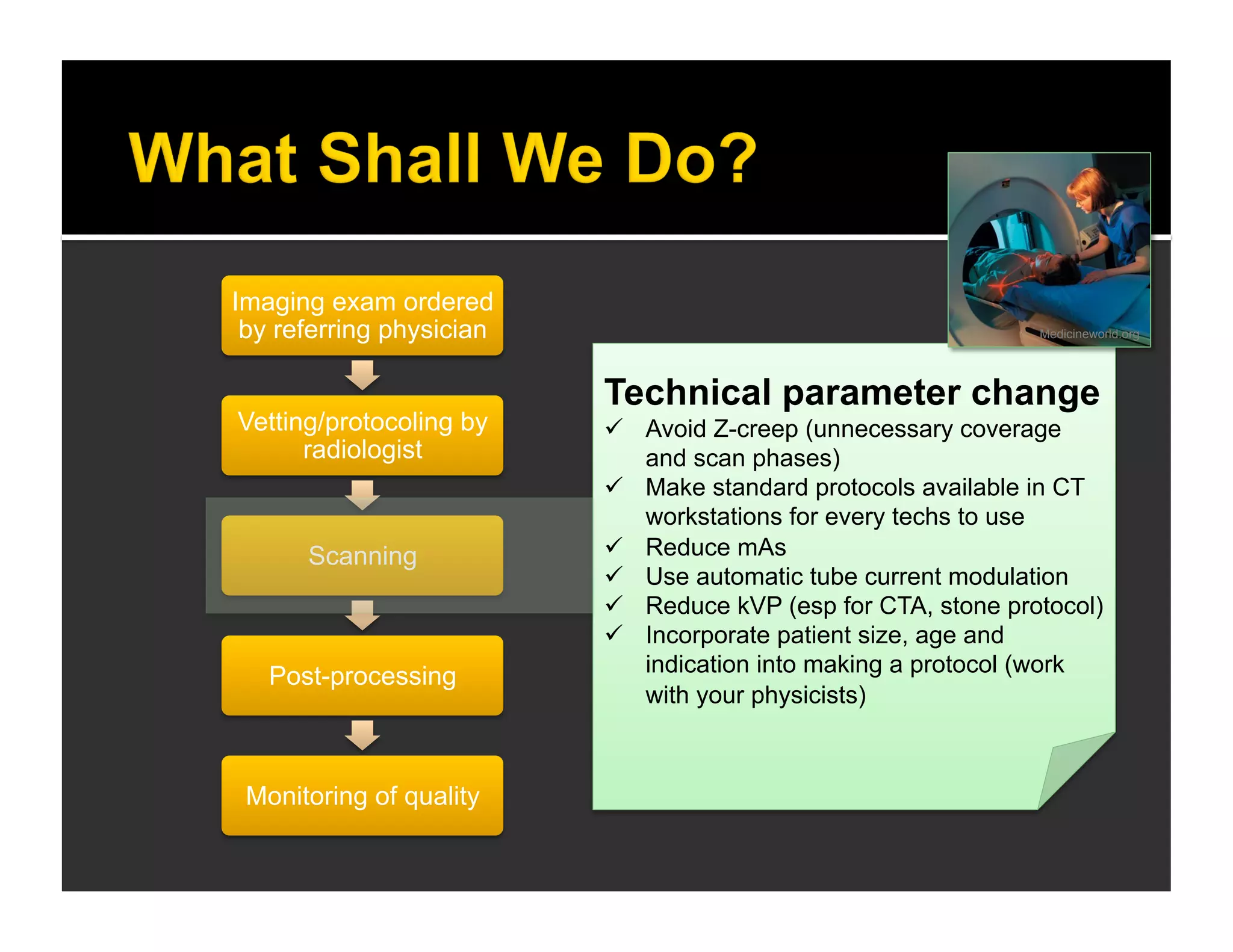 Imaging exam ordered 
by referring physician 
Vetting/protocoling by 
radiologist 
Scanning 
Post-processing 
Monitoring of quality 
Medicineworld.org 
Technical parameter change 
 Avoid Z-creep (unnecessary coverage 
and scan phases) 
 Make standard protocols available in CT 
workstations for every techs to use 
 Reduce mAs 
 Use automatic tube current modulation 
 Reduce kVP (esp for CTA, stone protocol) 
 Incorporate patient size, age and 
indication into making a protocol (work 
with your physicists) 
 