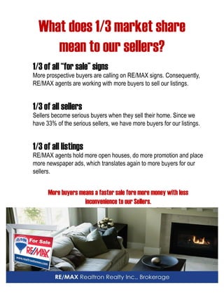 What does 1/3 market share 
mean to our sellers? 
1/3 of all “for sale” signs 
More prospective buyers are calling on RE/MAX signs. Consequently, RE/MAX agents are working with more buyers to sell our listings. 
1/3 of all sellers 
Sellers become serious buyers when they sell their home. Since we have 33% of the serious sellers, we have more buyers for our listings. 
1/3 of all listings 
RE/MAX agents hold more open houses, do more promotion and place more newspaper ads, which translates again to more buyers for our sellers. 
More buyers means a faster sale fore more money with less 
inconvenience to our Sellers.  