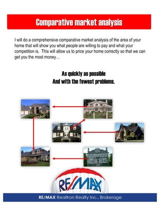 Comparative market analysis 
I will do a comprehensive comparative market analysis of the area of your home that will show you what people are willing to pay and what your competition is. This will allow us to price your home correctly so that we can get you the most money… 
As quickly as possible 
And with the fewest problems.  