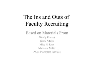 The Ins and Outs of
Faculty Recruiting
Based on Materials From
Wendy Kramer
Garry Adams
Mike H. Ryan
Marianne Miller
AOM Placement Services
 